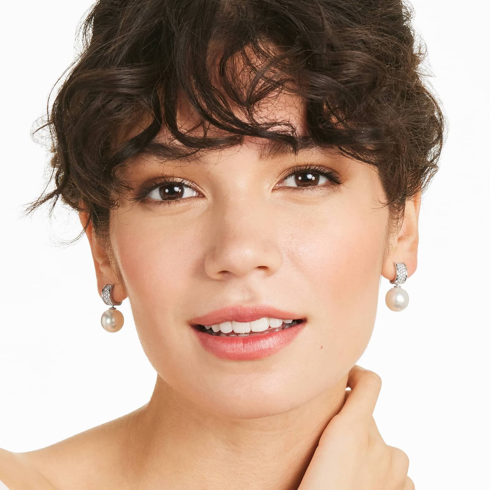 Cultured South Sea Pearl And Diamond Huggie Earrings In 18K White Gold