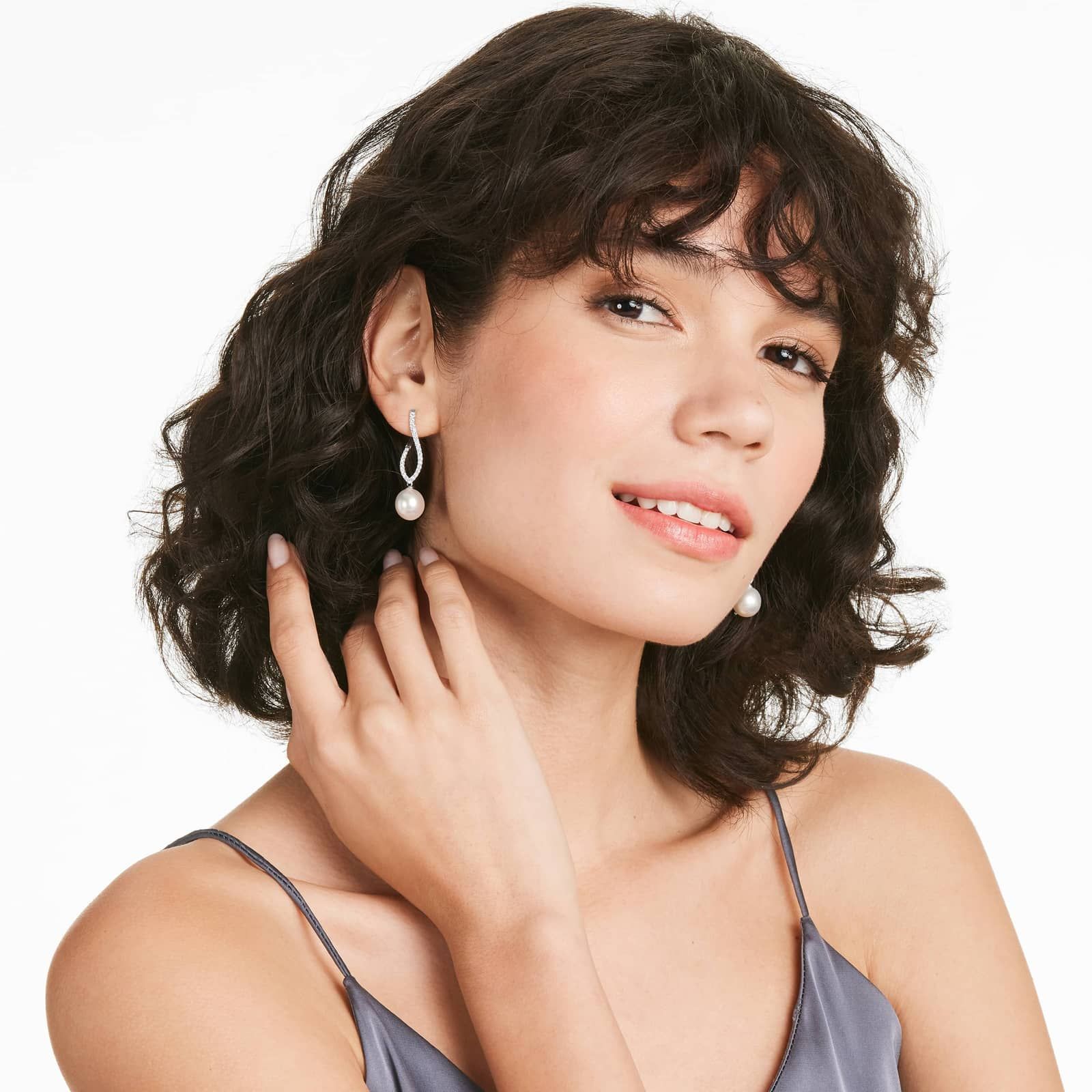 Cultured South Sea Pearl And Twisted Diamond Earrings In 18K White Gold