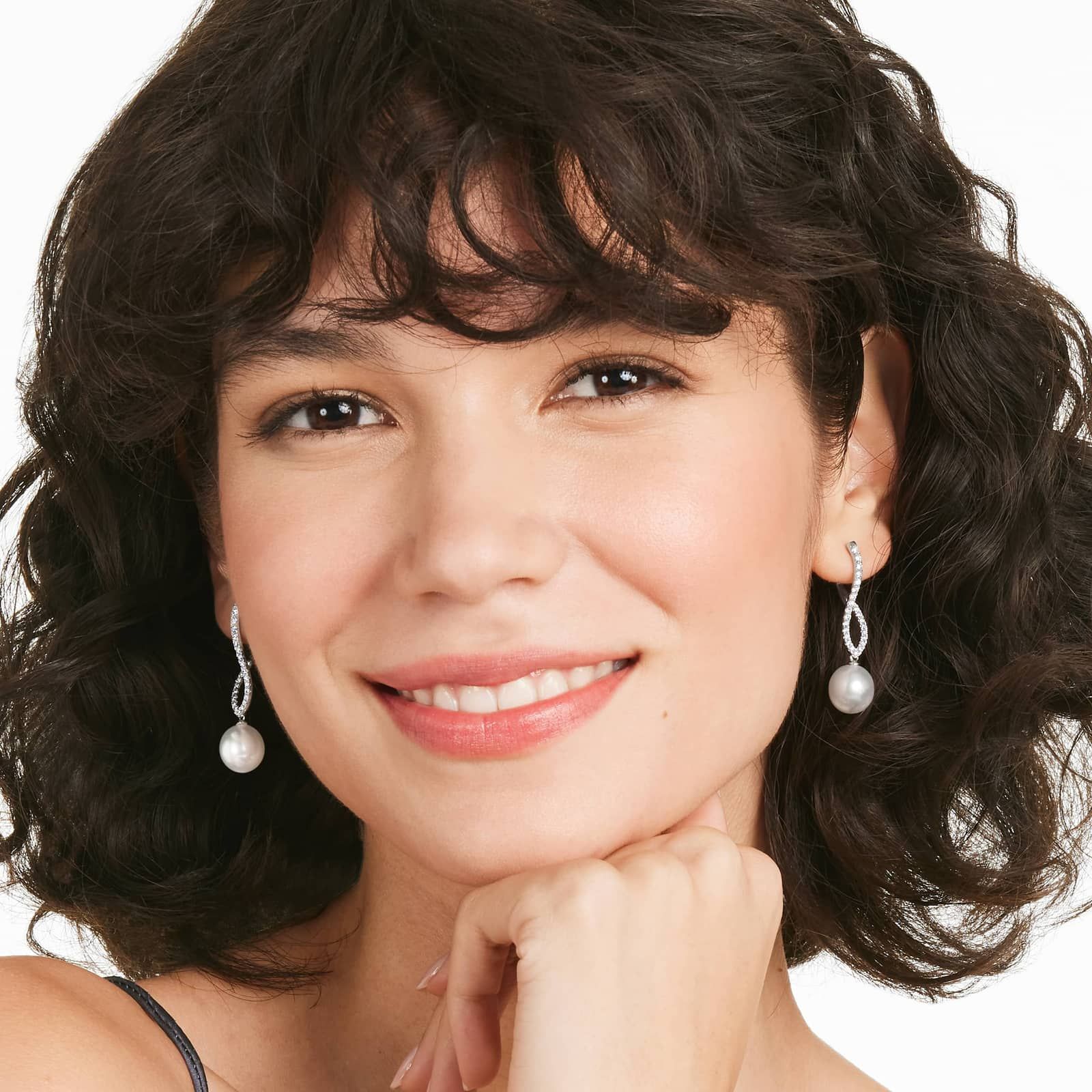 Cultured South Sea Pearl And Twisted Diamond Earrings In 18K White Gold