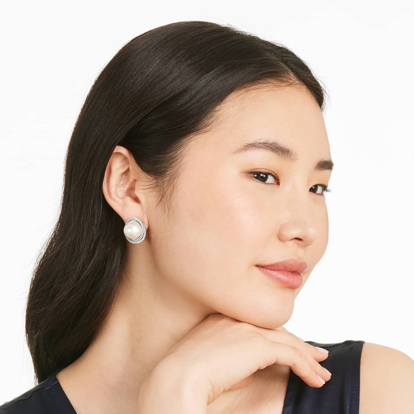 Cultured South Sea Pearl And Whirling Diamond Earrings In 18K White Gold