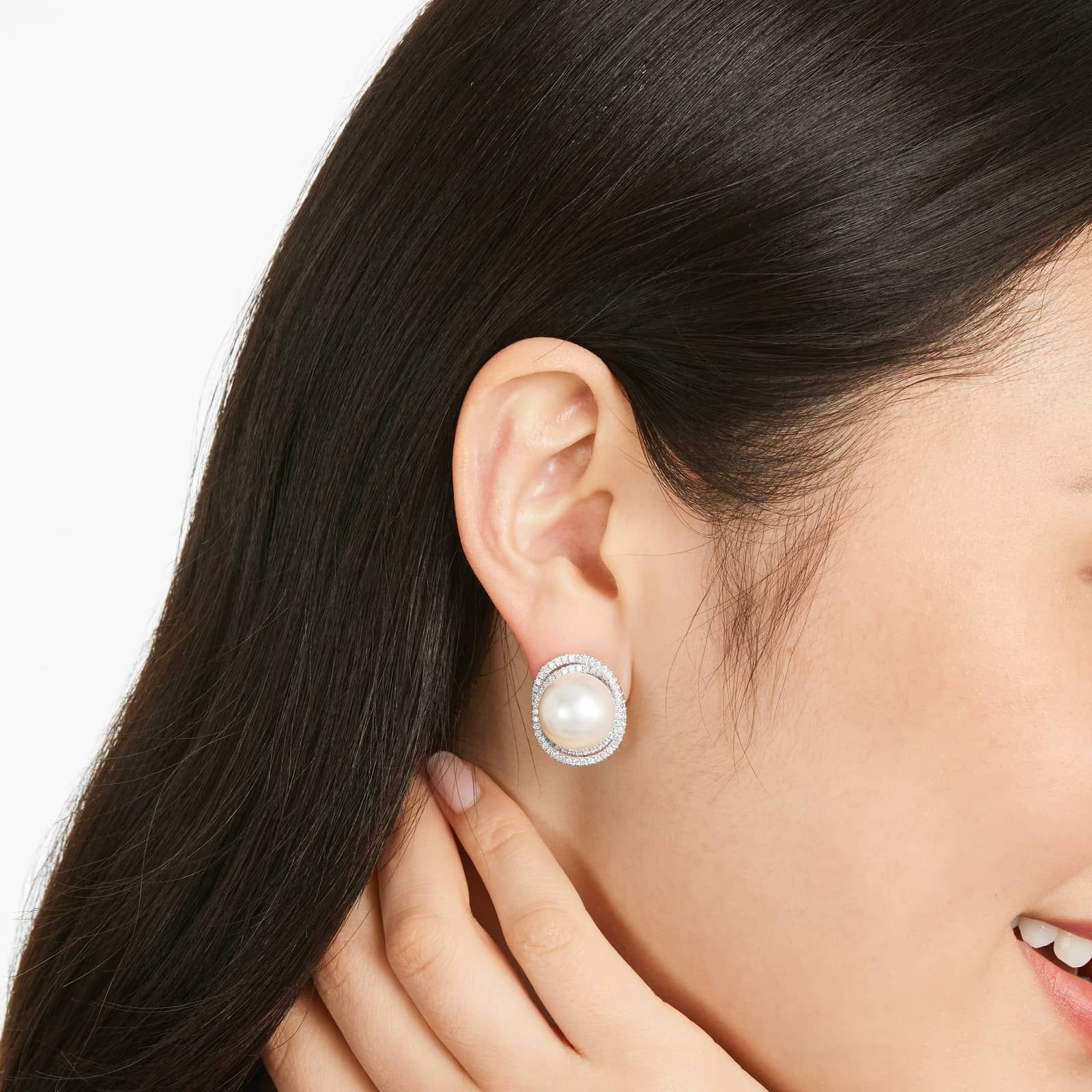 Cultured South Sea Pearl And Whirling Diamond Earrings In 18K White Gold