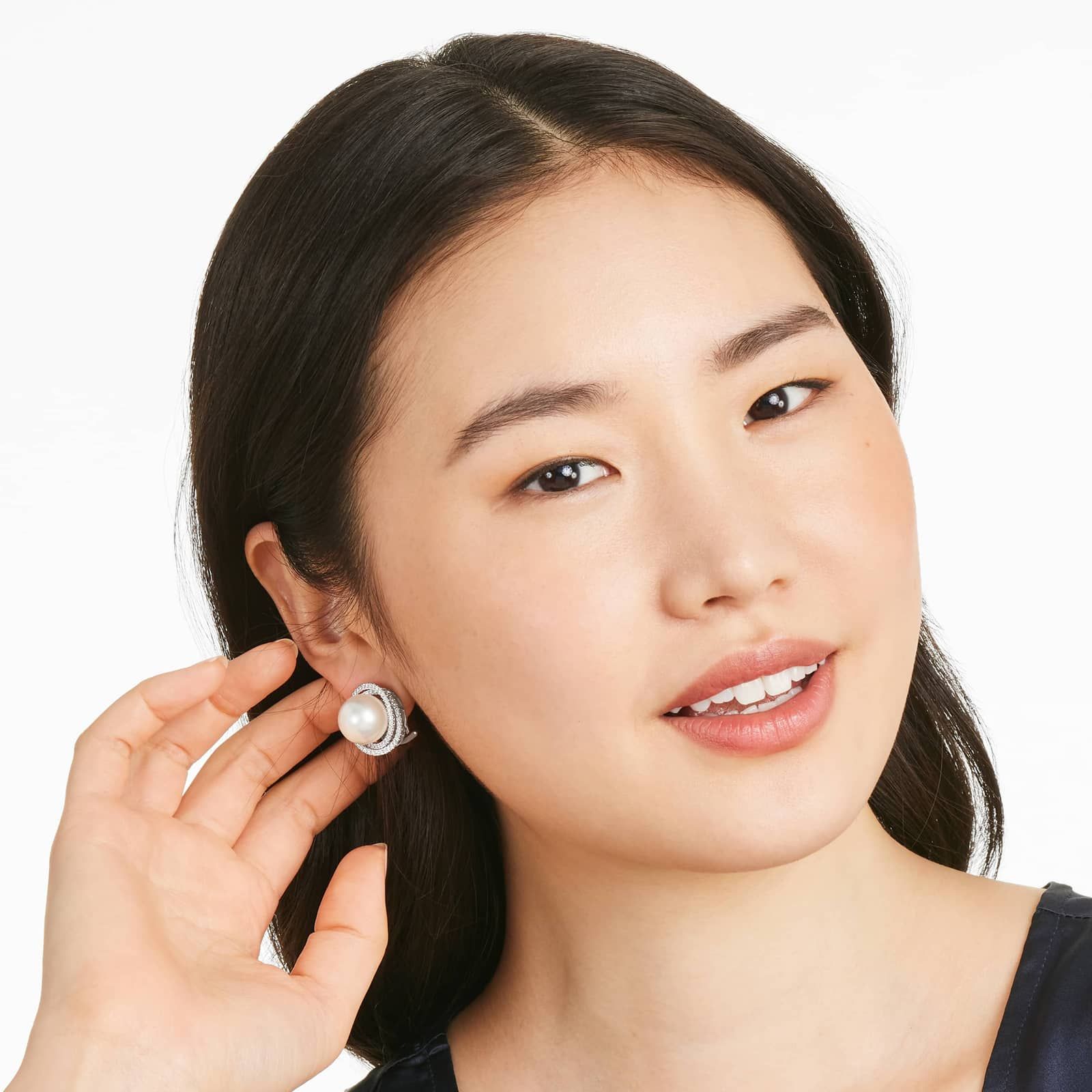 Cultured South Sea Pearl And Whirling Diamond Earrings In 18K White Gold