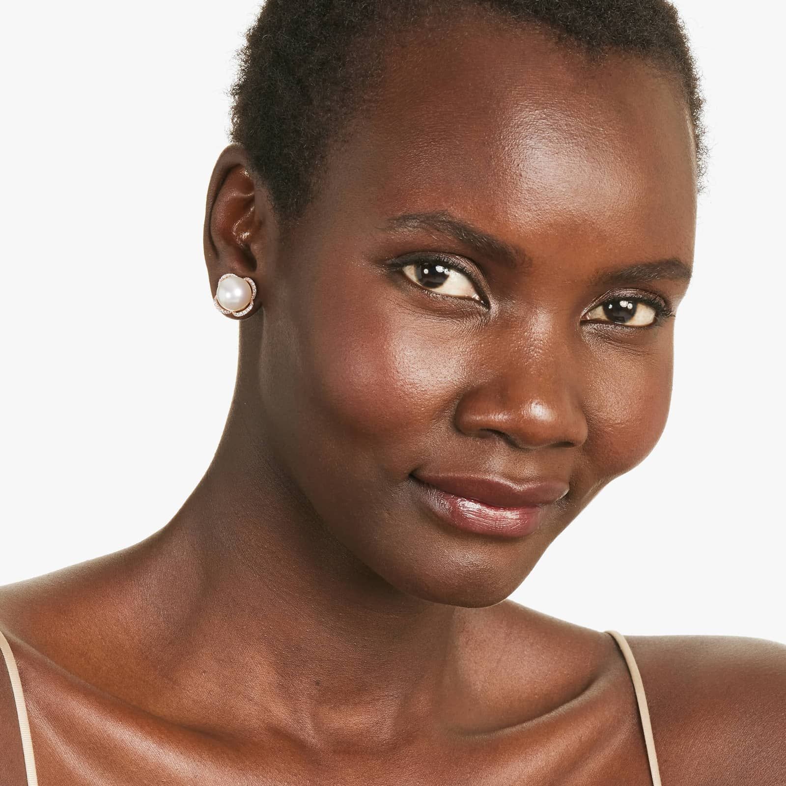 Cultured South Sea Pearl And Flower Diamond Earrings In 18K Rose Gold