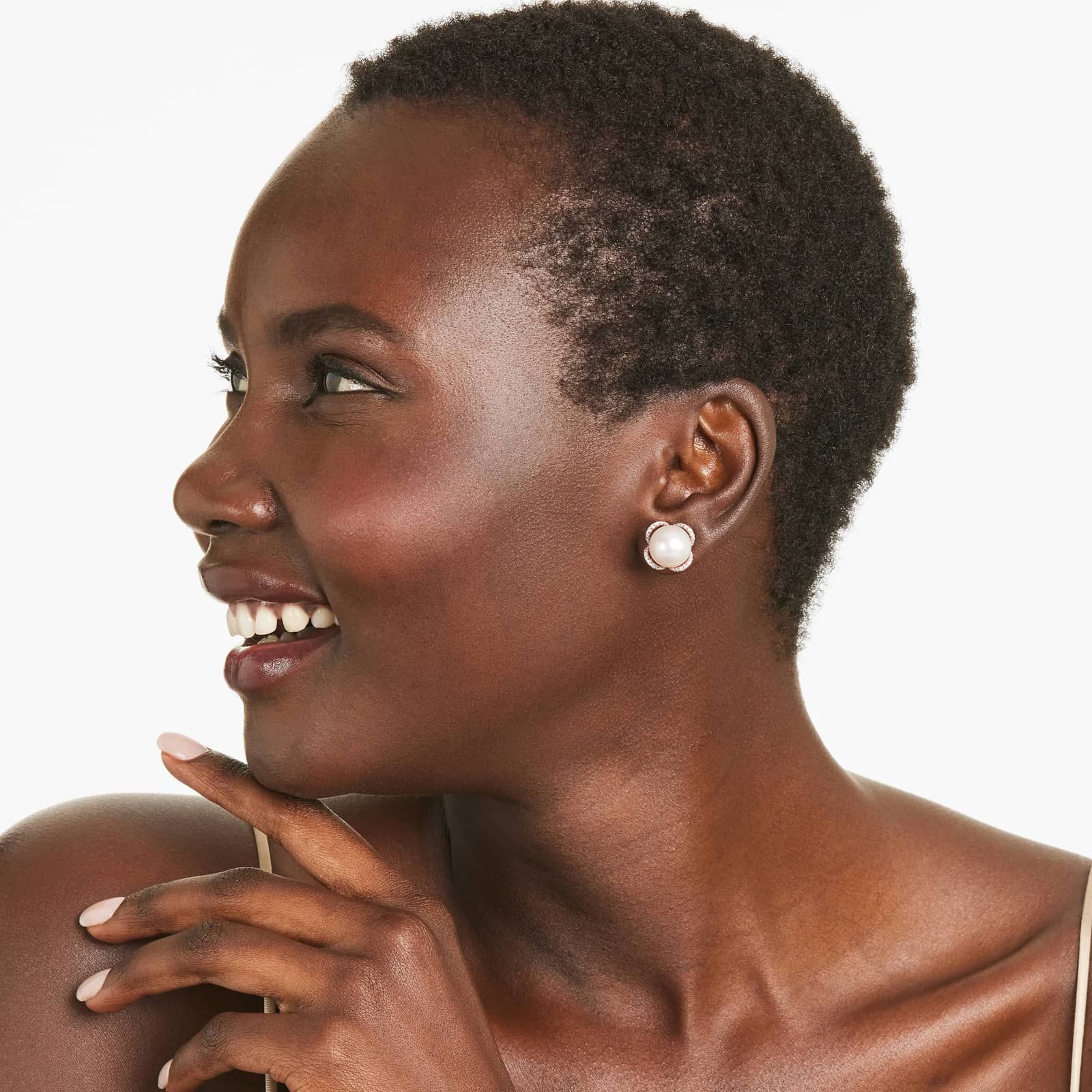 Cultured South Sea Pearl And Flower Diamond Earrings In 18K Rose Gold