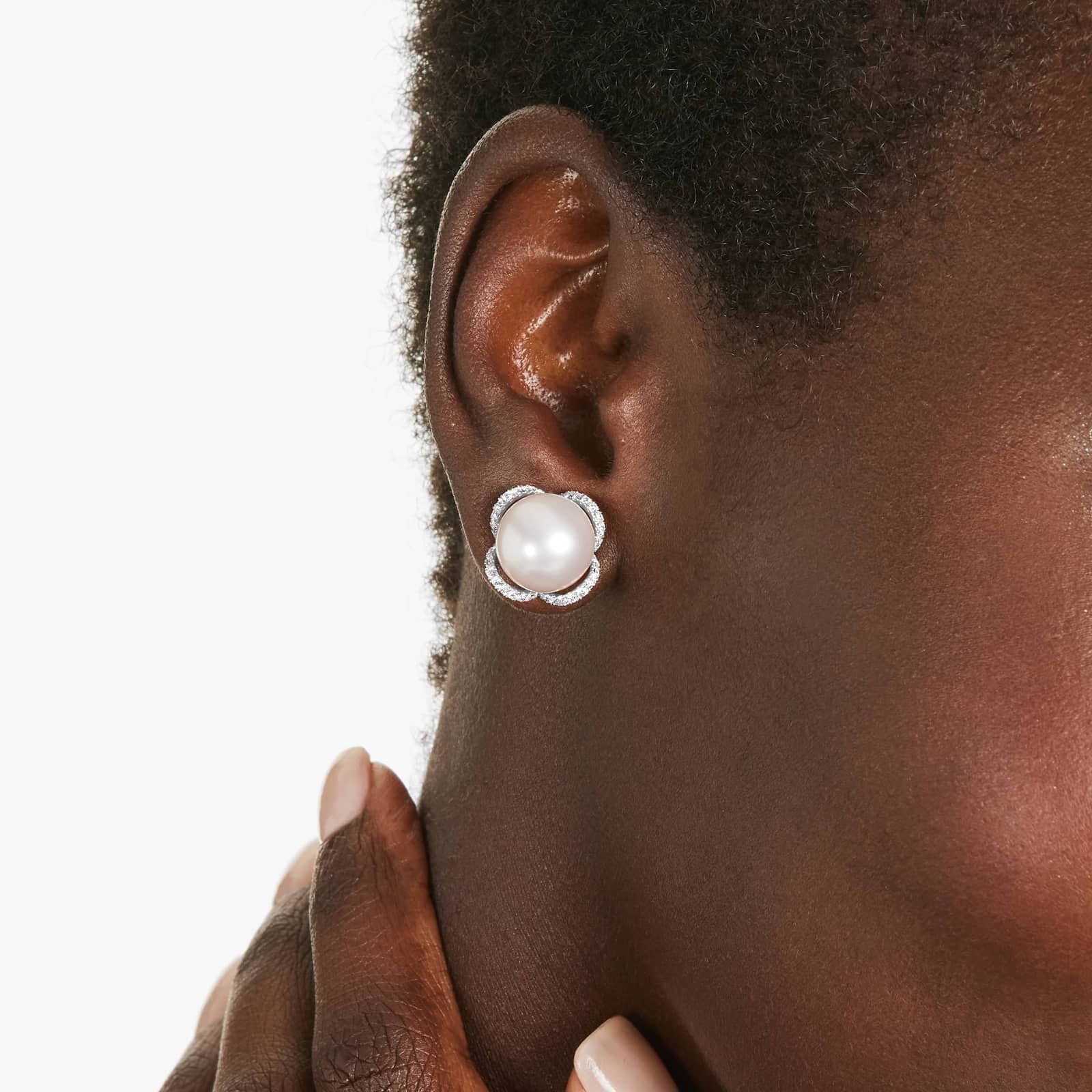 Cultured South Sea Pearl And Flower Diamond Earrings In 18K White Gold