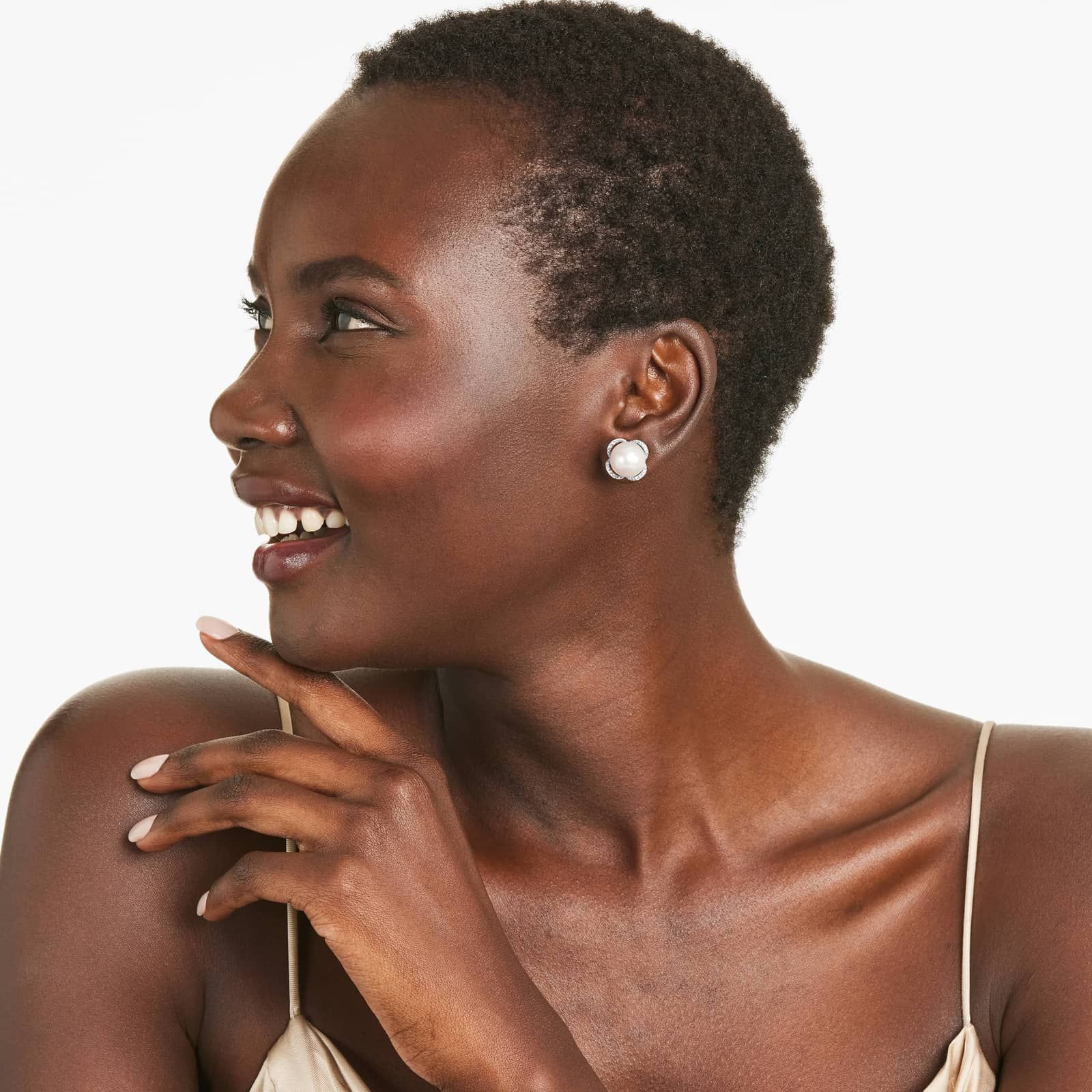 Cultured South Sea Pearl And Flower Diamond Earrings In 18K White Gold