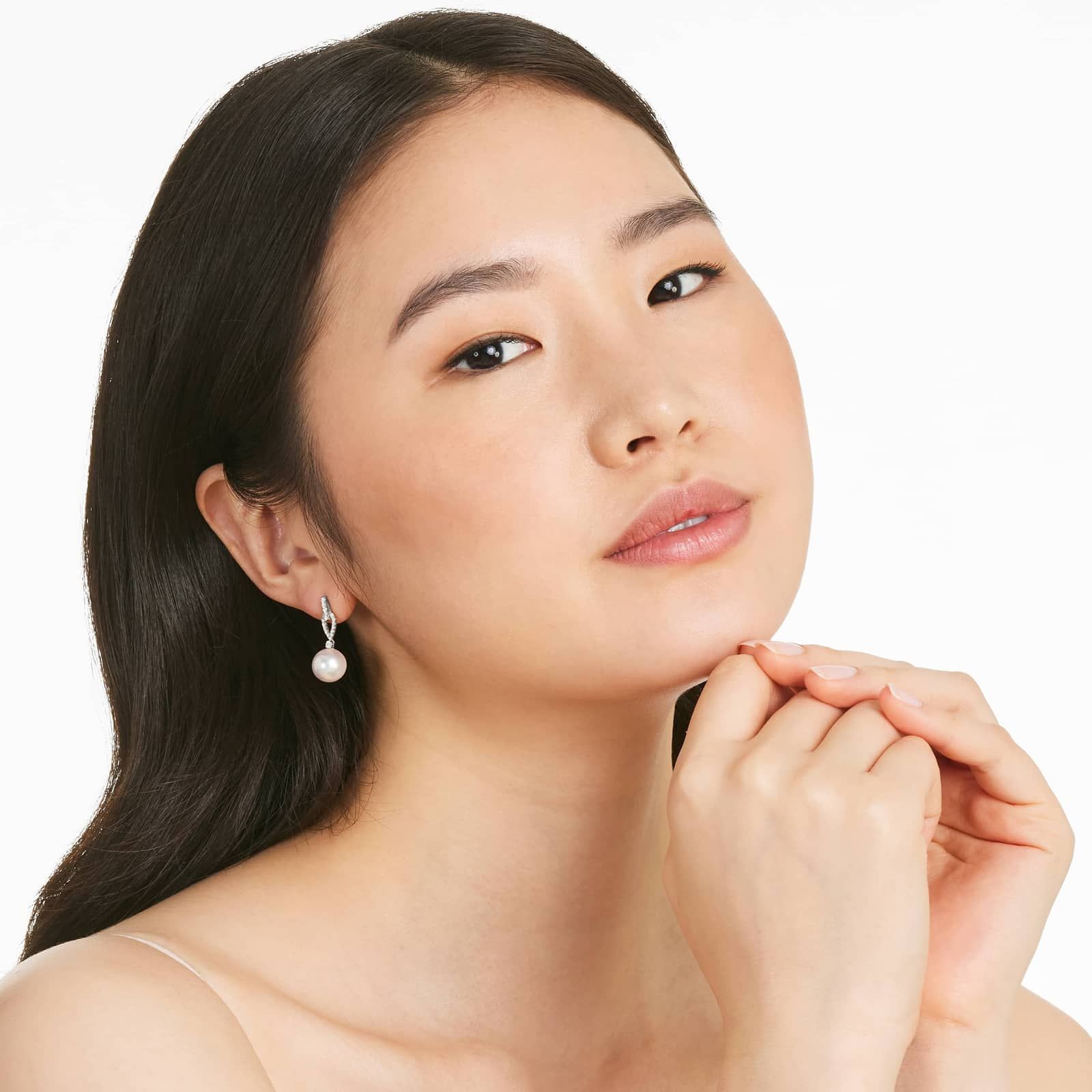 Cultured South Sea Pearl And Loop Diamond Earrings In 14K White Gold