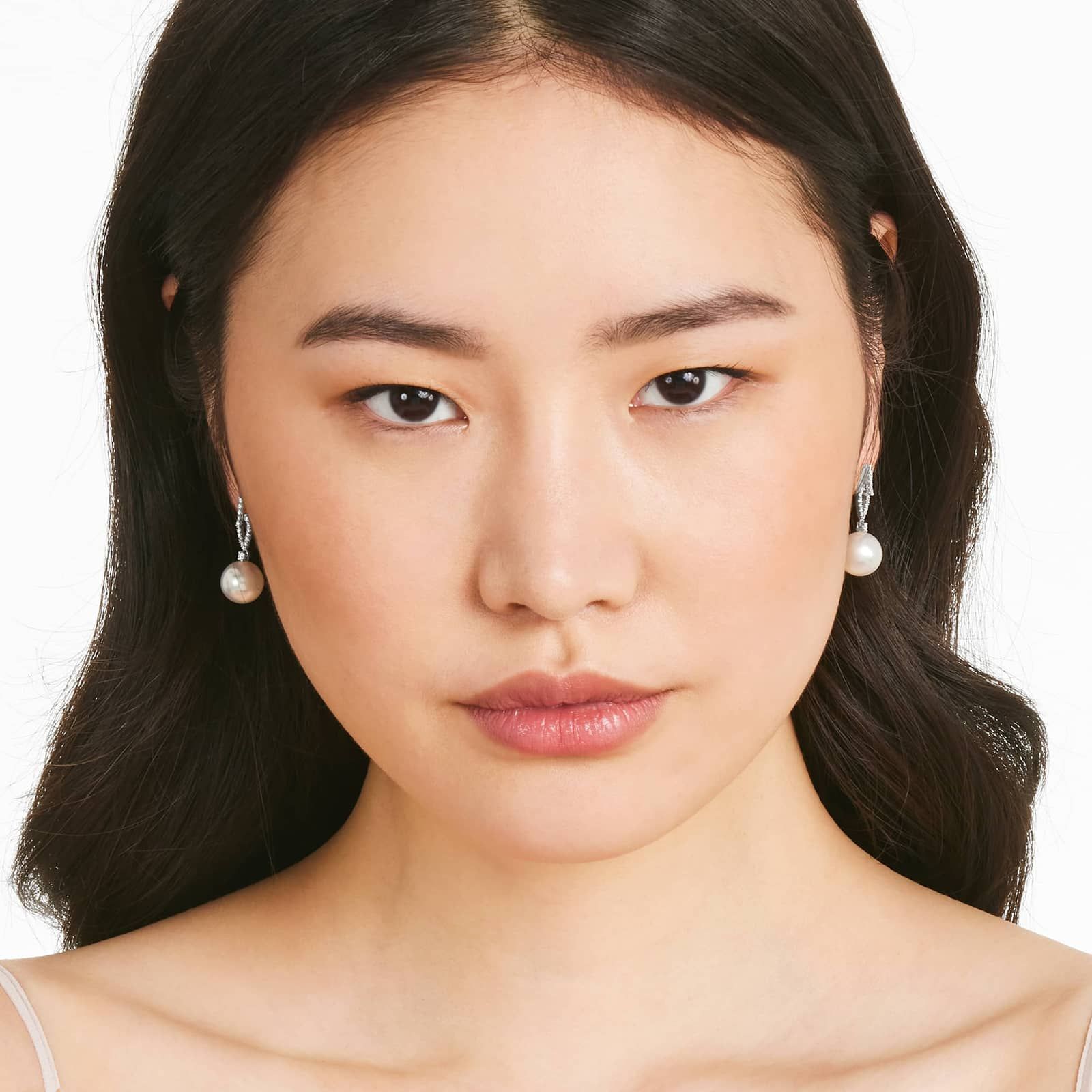 Cultured South Sea Pearl And Loop Diamond Earrings In 14K White Gold