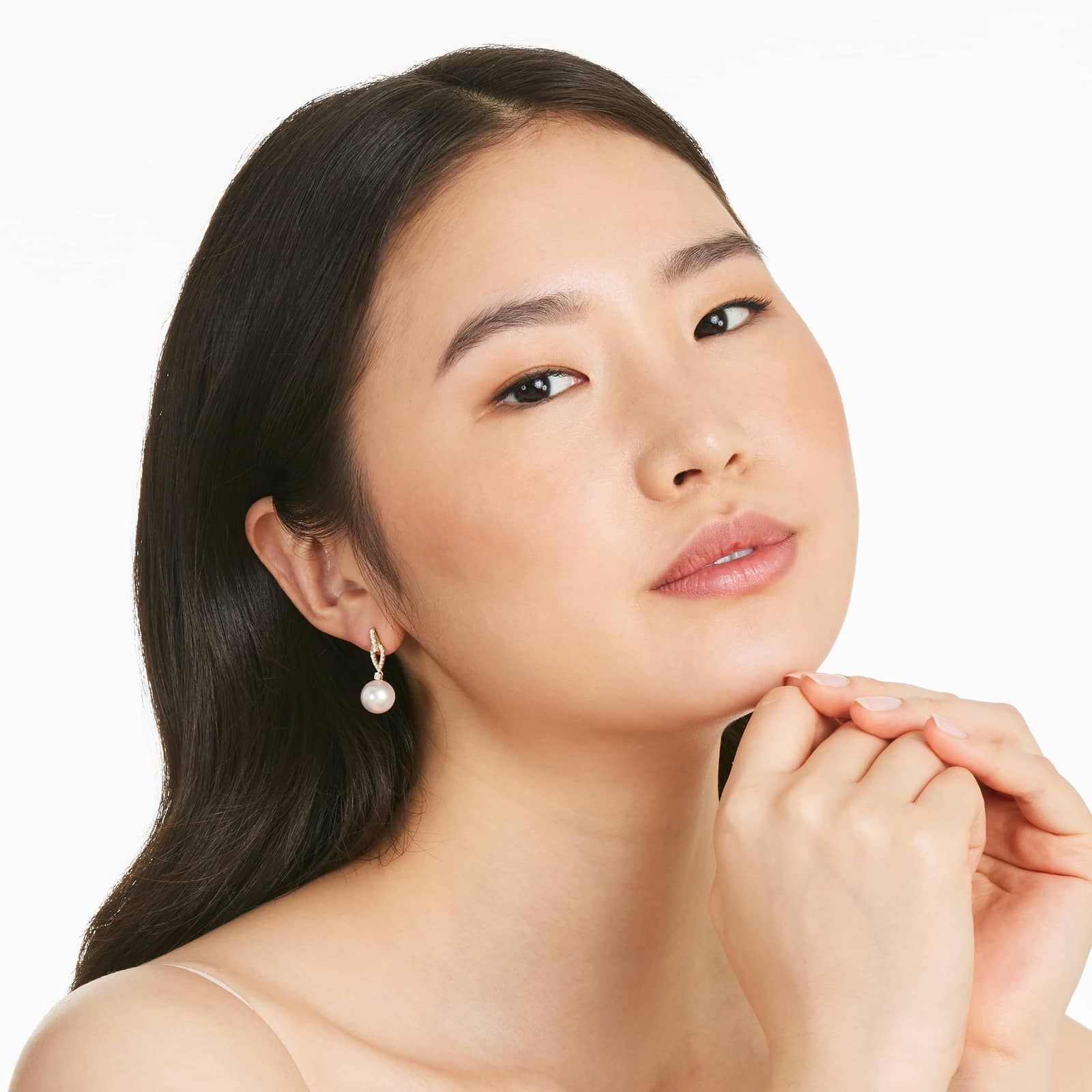 Cultured South Sea Pearl And Loop Diamond Earrings In 14K Yellow Gold