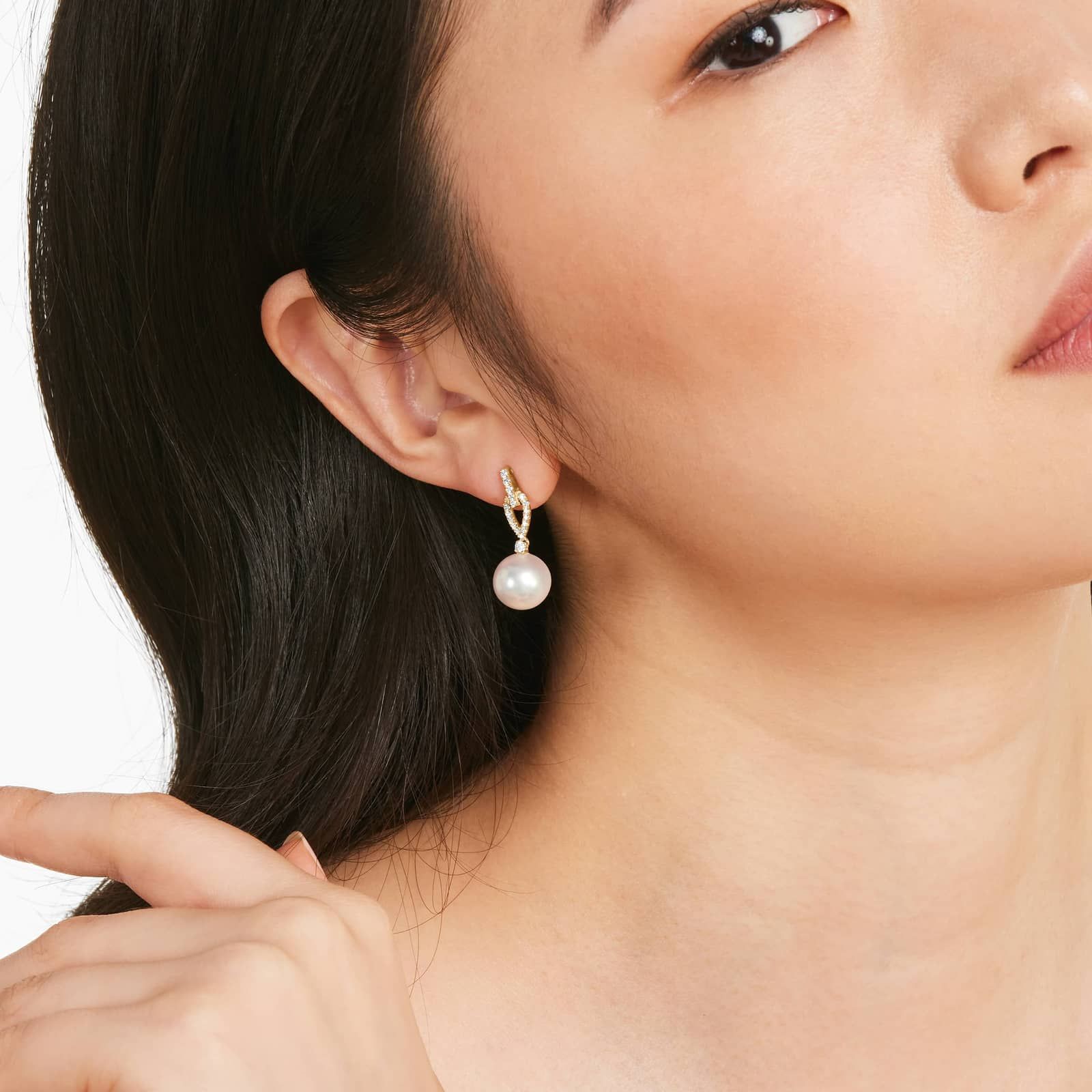 Cultured South Sea Pearl And Loop Diamond Earrings In 14K Yellow Gold