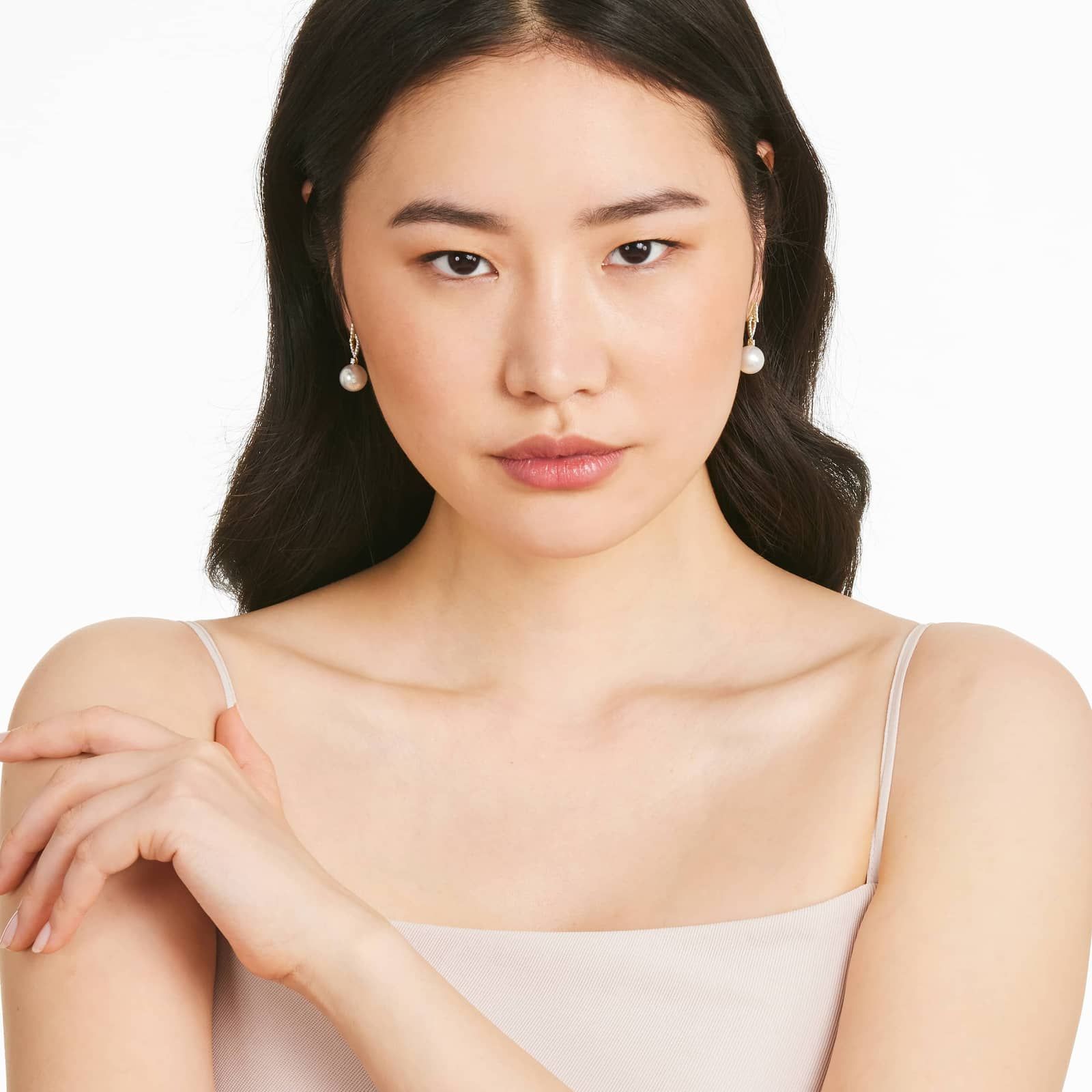 Cultured South Sea Pearl And Loop Diamond Earrings In 14K Yellow Gold