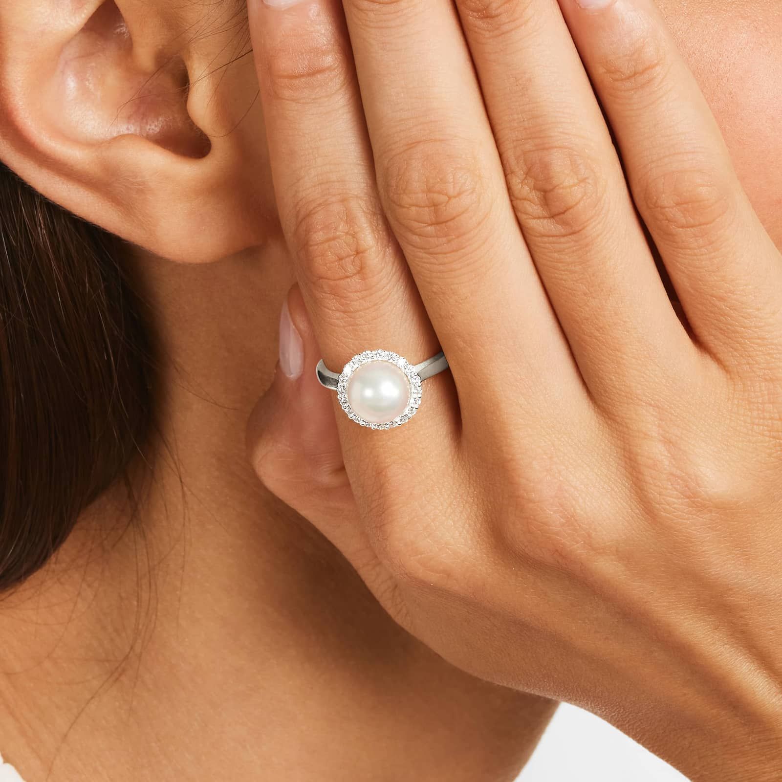 Akoya Cultured Pearl And Diamond Halo Ring In 14K White Gold
