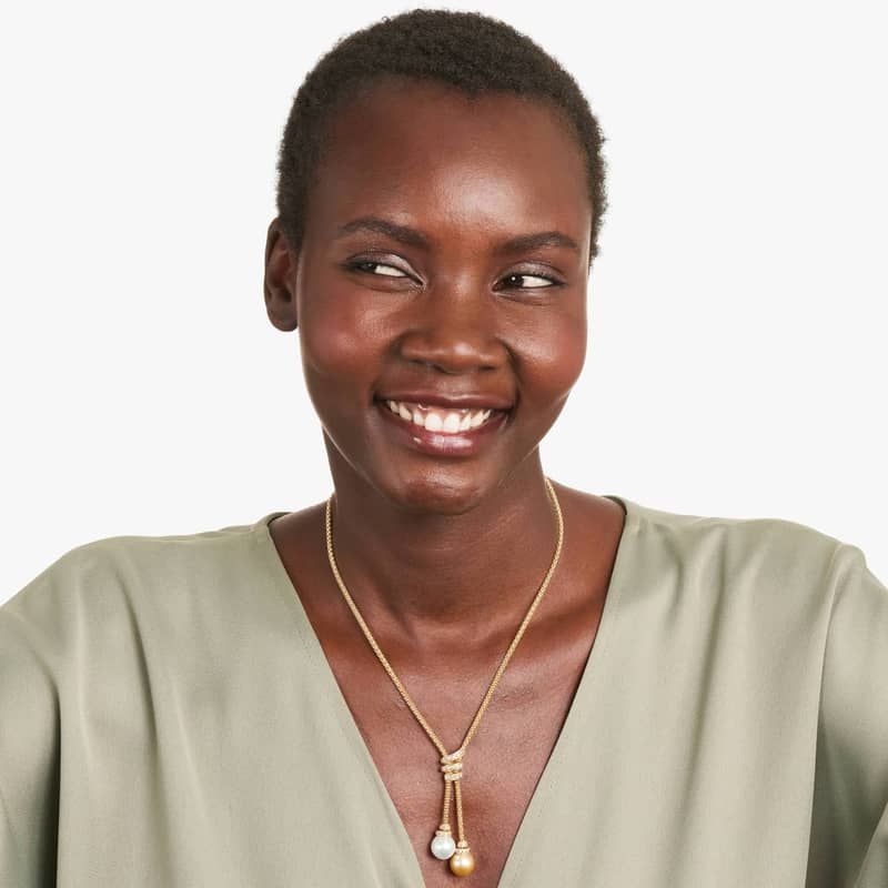 18K Yellow Gold Lariat Diamonds and White & Golden South Sea Cultured Pearl Necklace