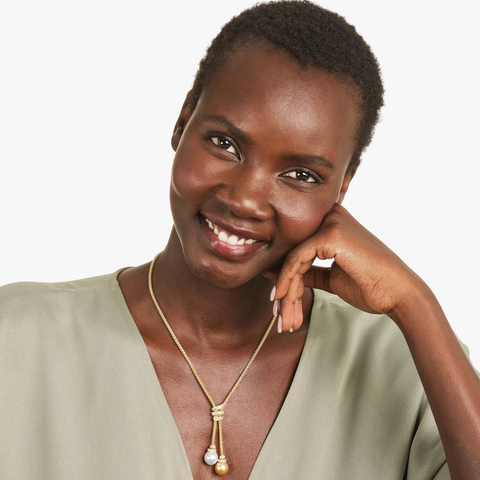 18K Yellow Gold Lariat Diamonds and White & Golden South Sea Cultured Pearl Necklace