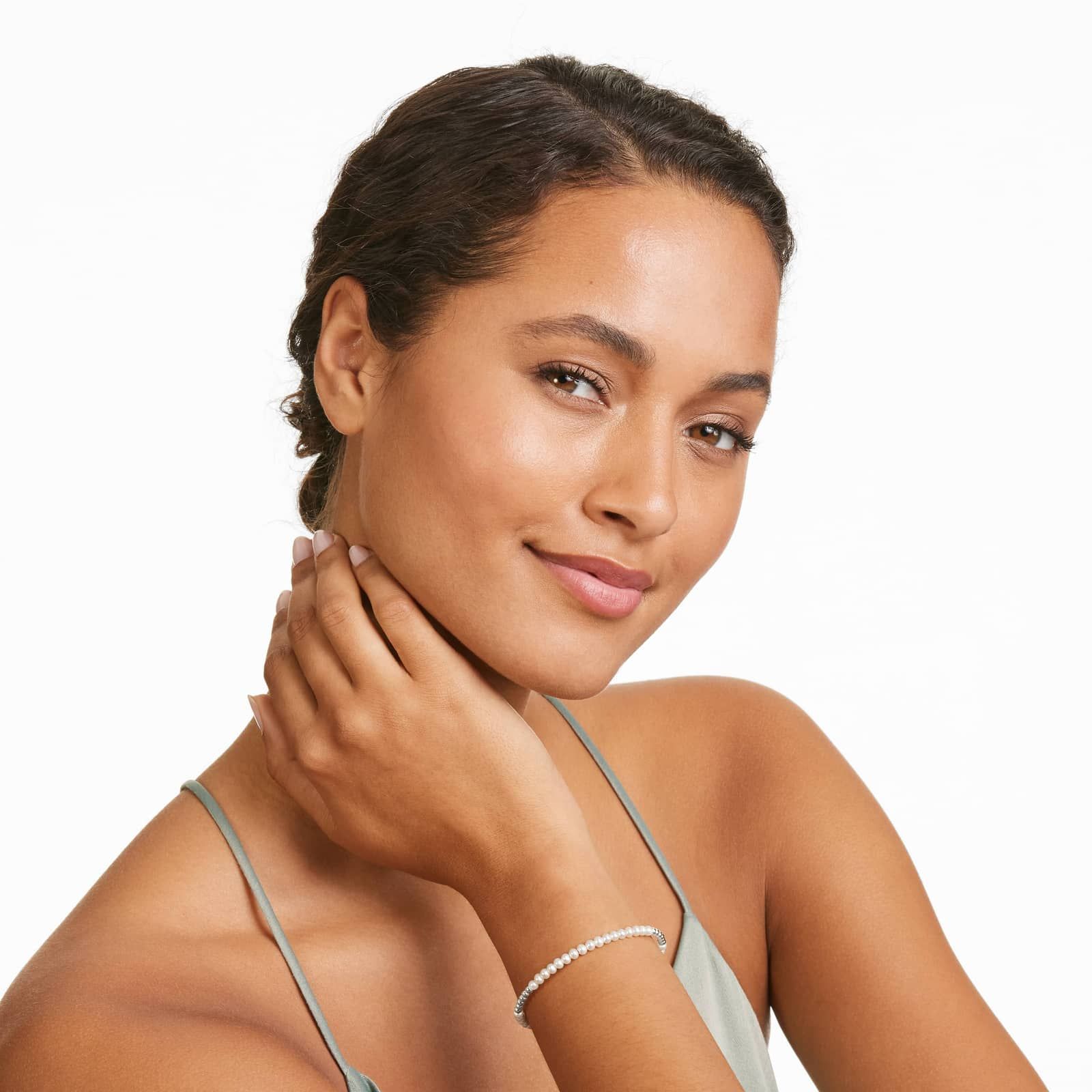 14K White Gold Freshwater Pearl Beaded Bangle Bracelet