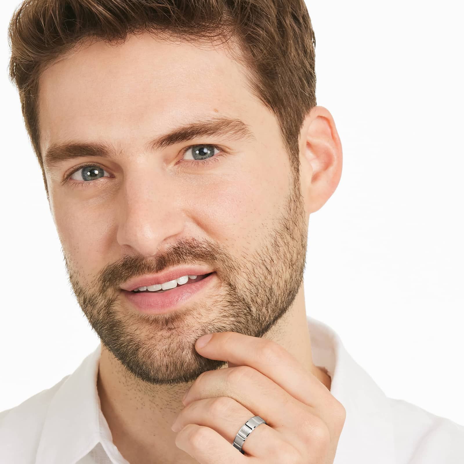 Block Pattern Satin Finish Men's Wedding Band In 18K White Gold (6.00mm)