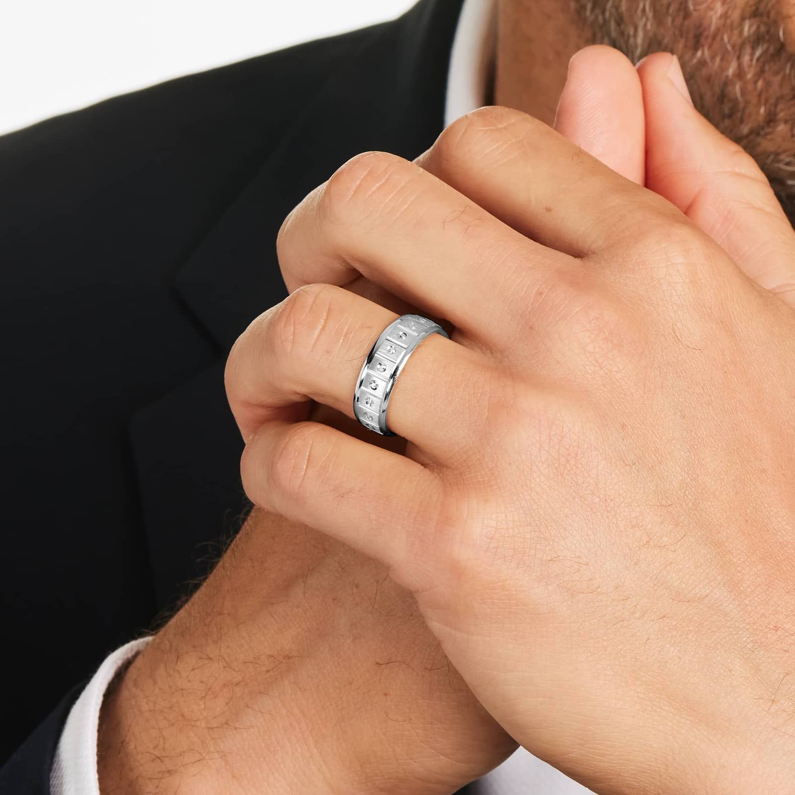 Faceted Block Satin Finish Men's Wedding Band In 14K White Gold (7.00mm)