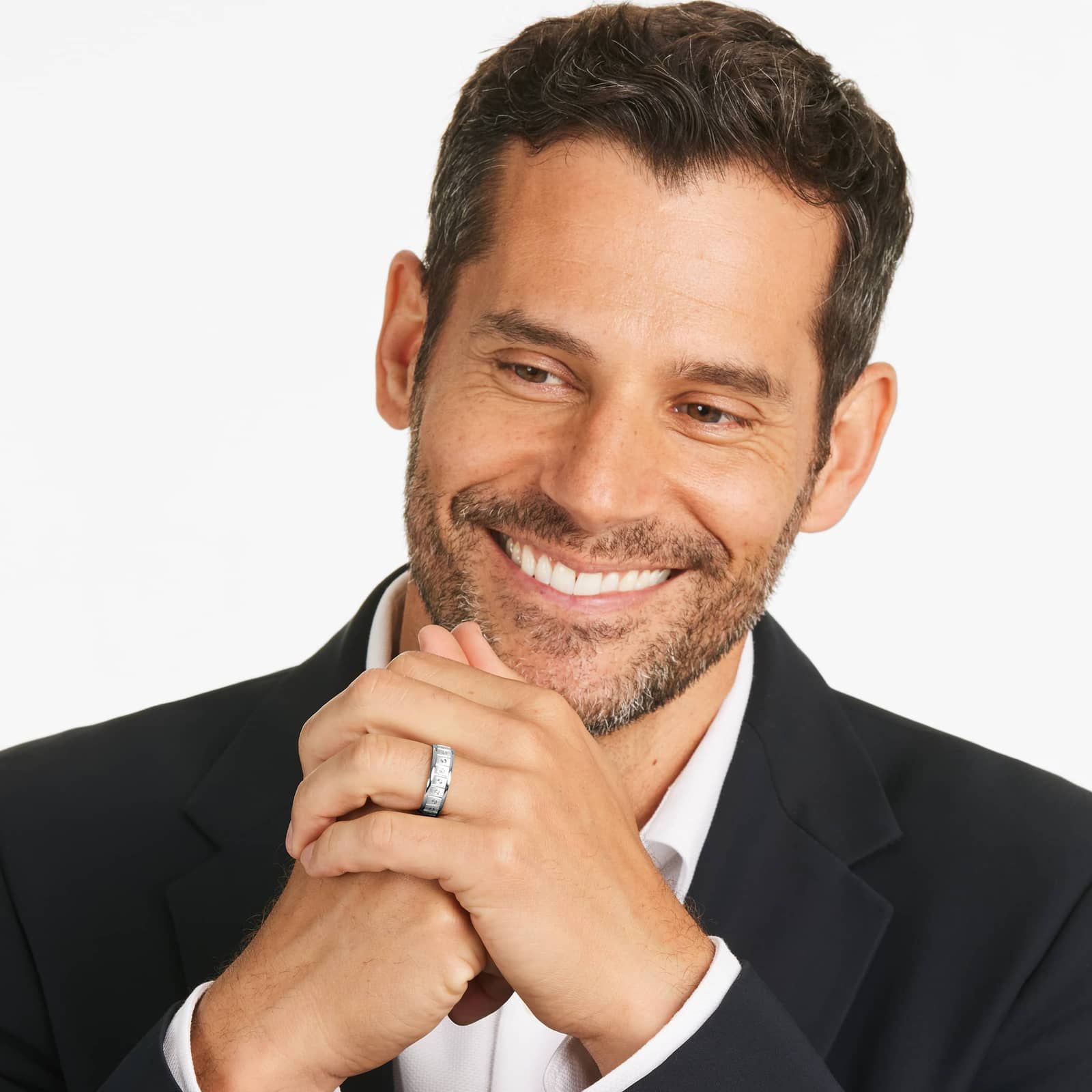 Faceted Block Satin Finish Men's Wedding Band In 14K White Gold (7.00mm)