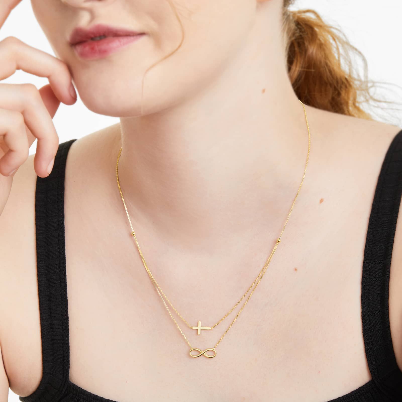 14K Yellow Gold Duo Cross and Infinity Necklace