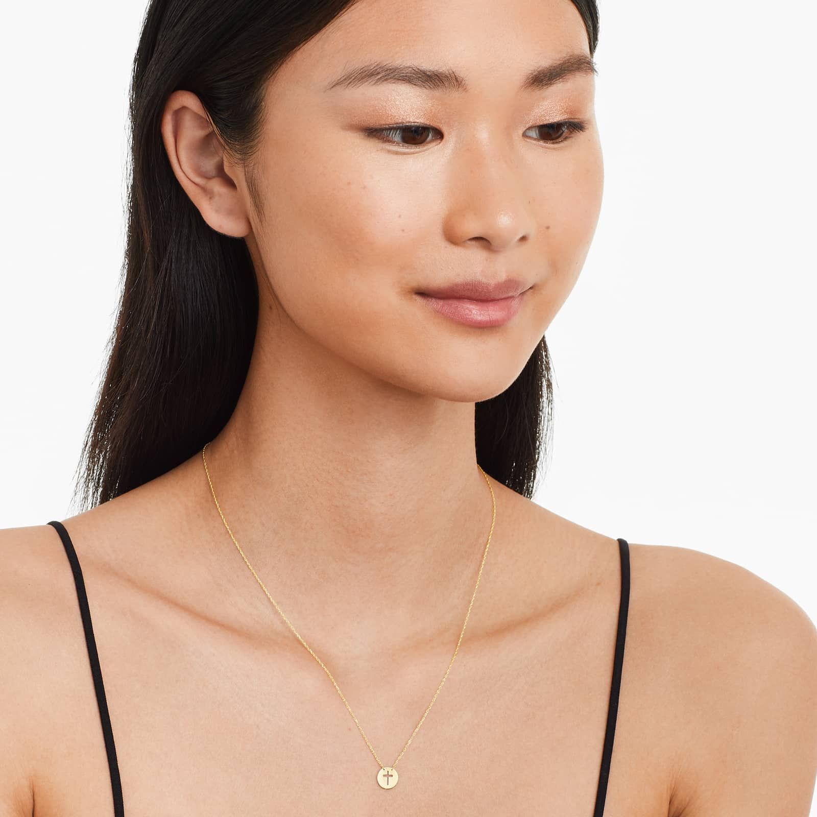 14K Yellow Gold Mini Cutout Cross Disk Necklace