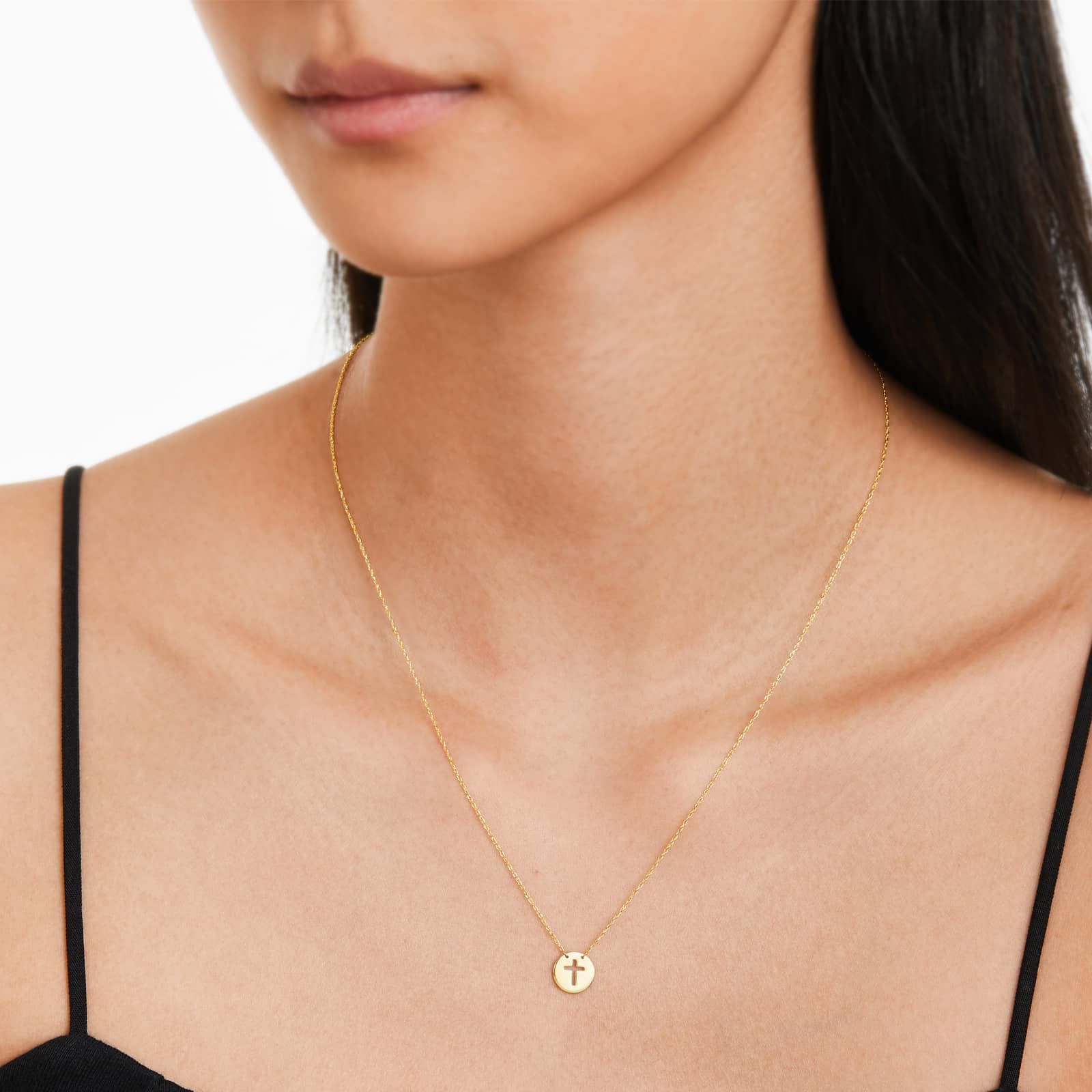 14K Yellow Gold Mini Cutout Cross Disk Necklace