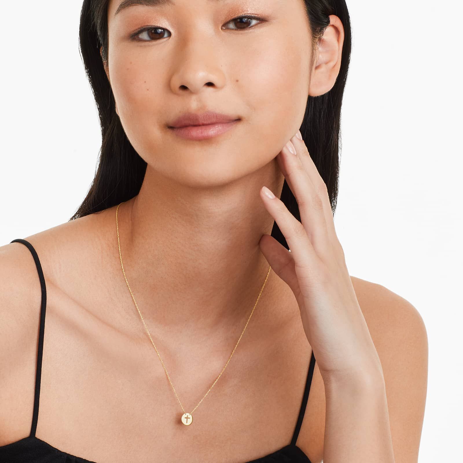 14K Yellow Gold Mini Cutout Cross Disk Necklace