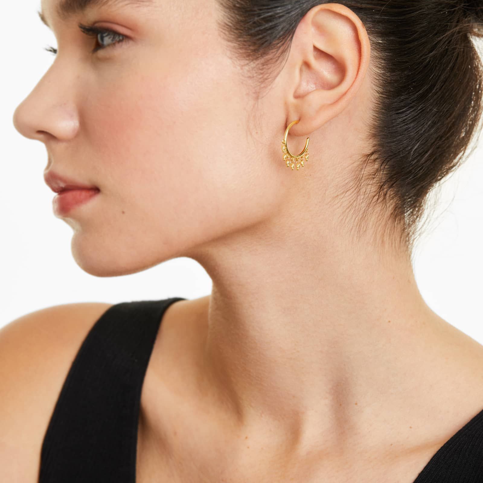 Faceted Bead Dangle Hoop Earrings In 14K Yellow Gold