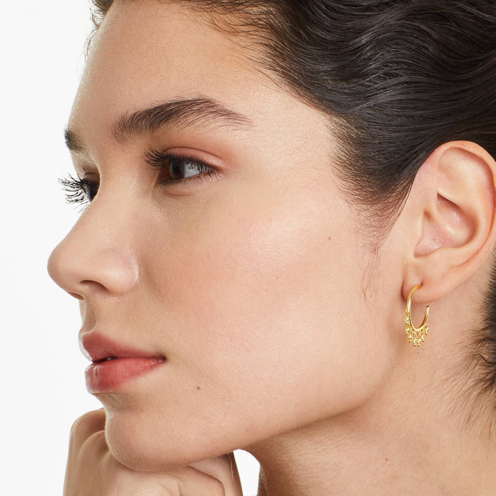 Faceted Bead Dangle Hoop Earrings In 14K Yellow Gold
