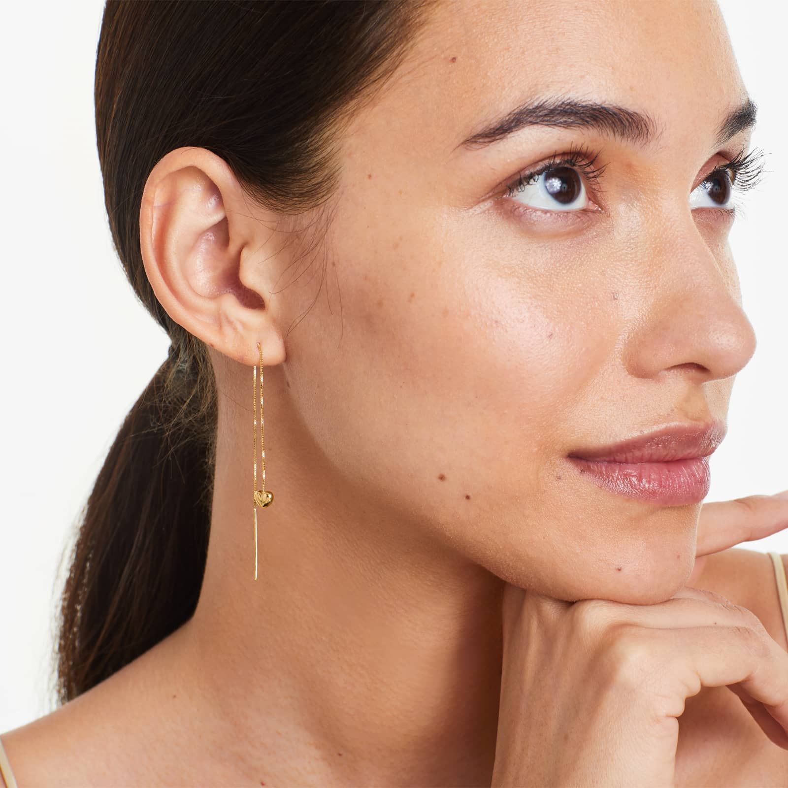 Puffed Heart Threader Earrings In 14K Yellow Gold