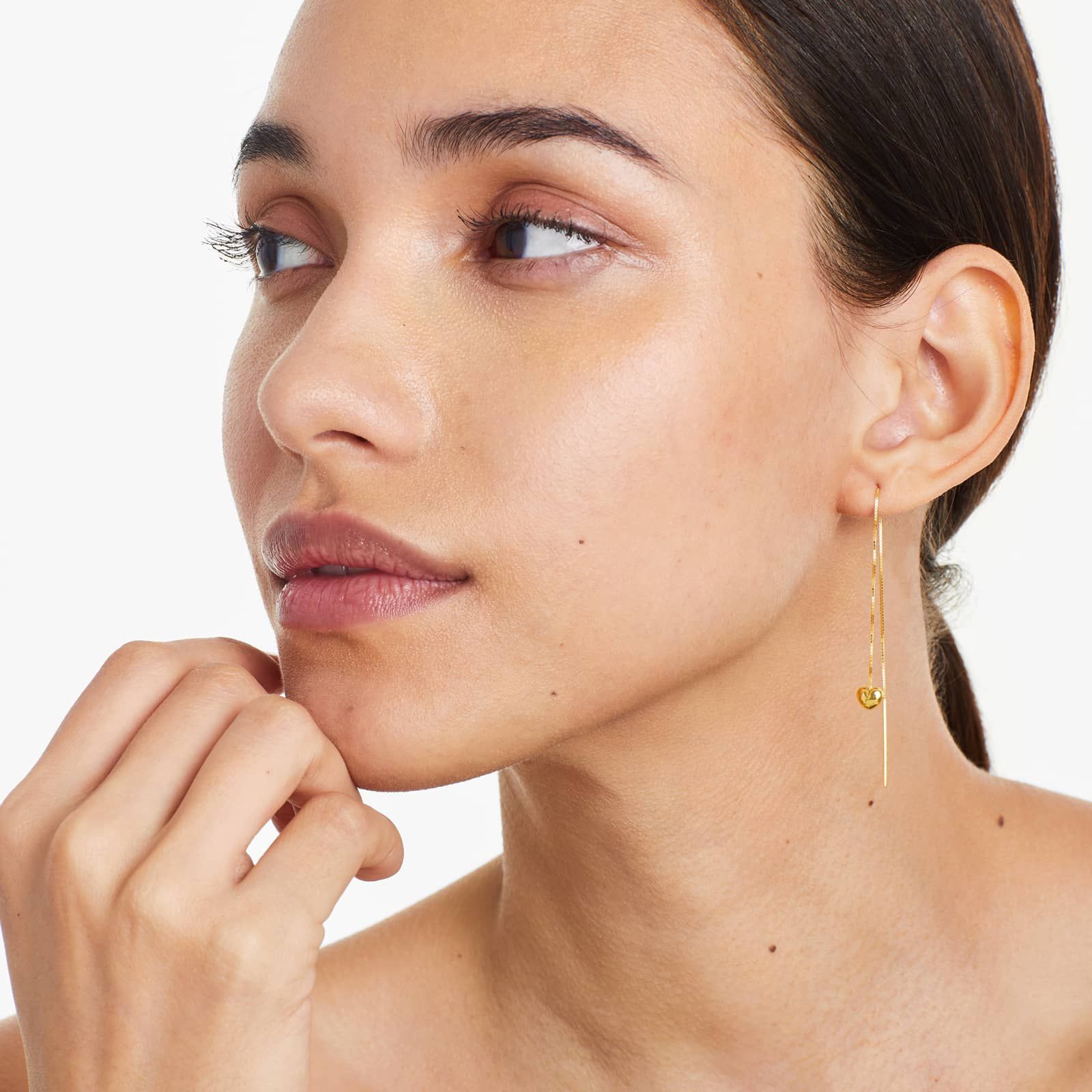 Puffed Heart Threader Earrings In 14K Yellow Gold