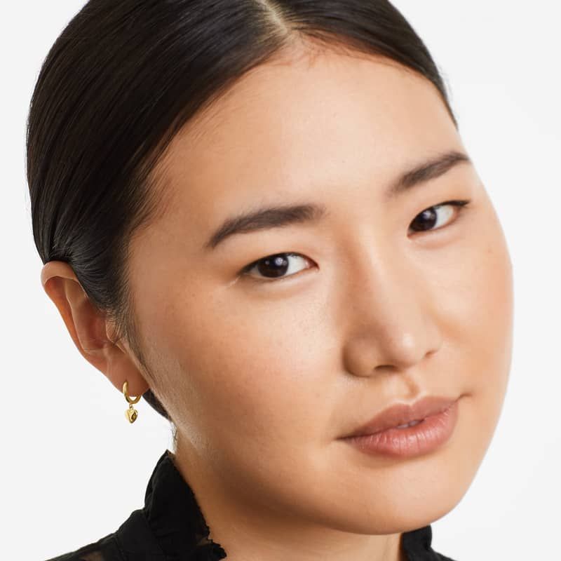 Dangle Puffed Heart Hoop Earrings In 14K Yellow Gold