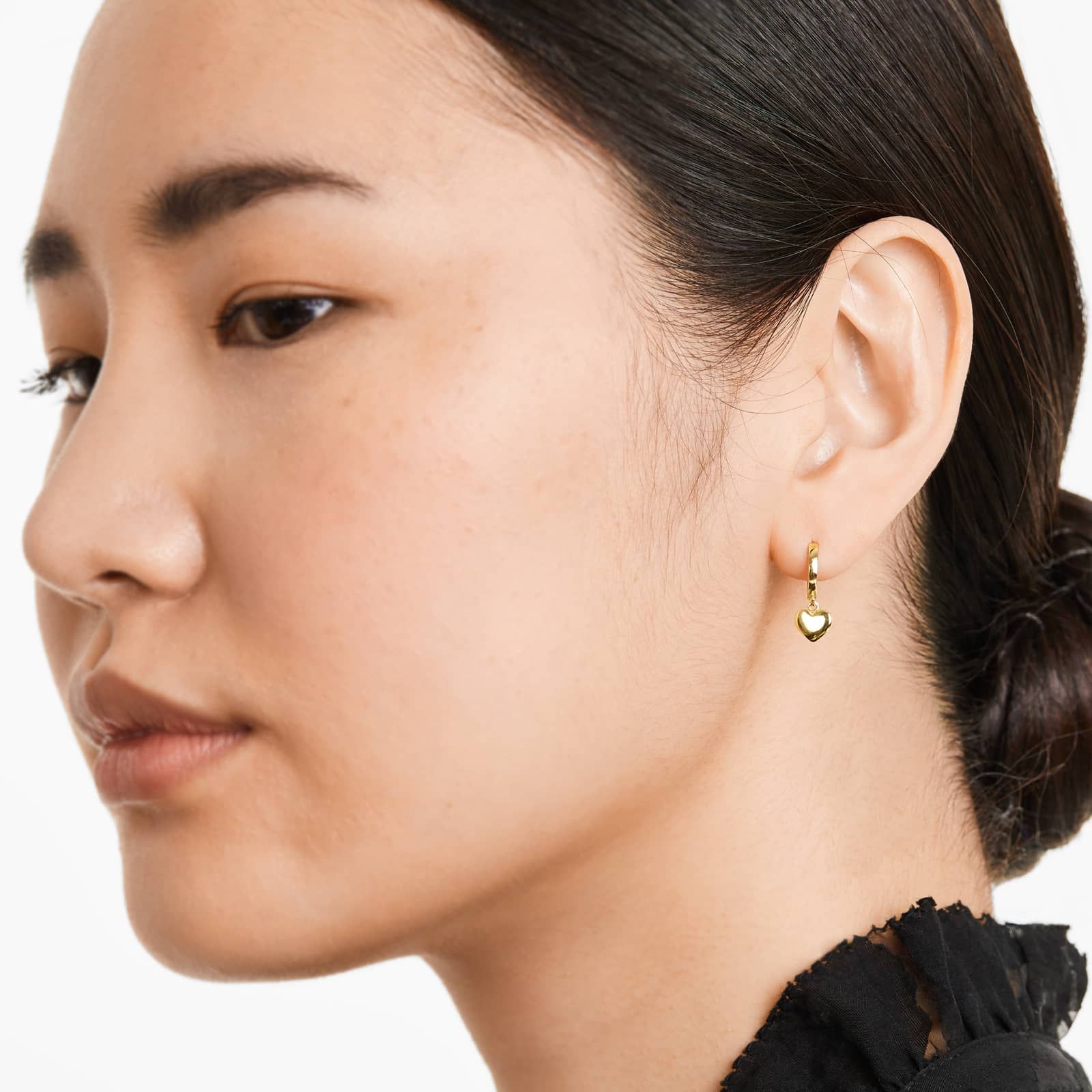 Dangle Puffed Heart Hoop Earrings In 14K Yellow Gold