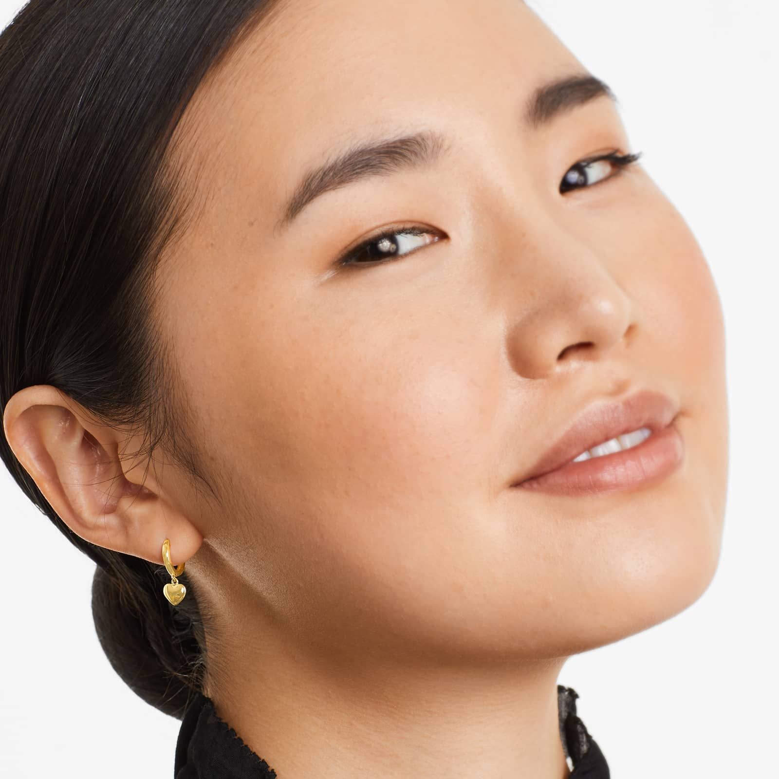 Dangle Puffed Heart Hoop Earrings In 14K Yellow Gold