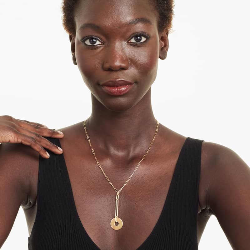 14K Yellow Gold Paper Clip Disc Drop Necklace