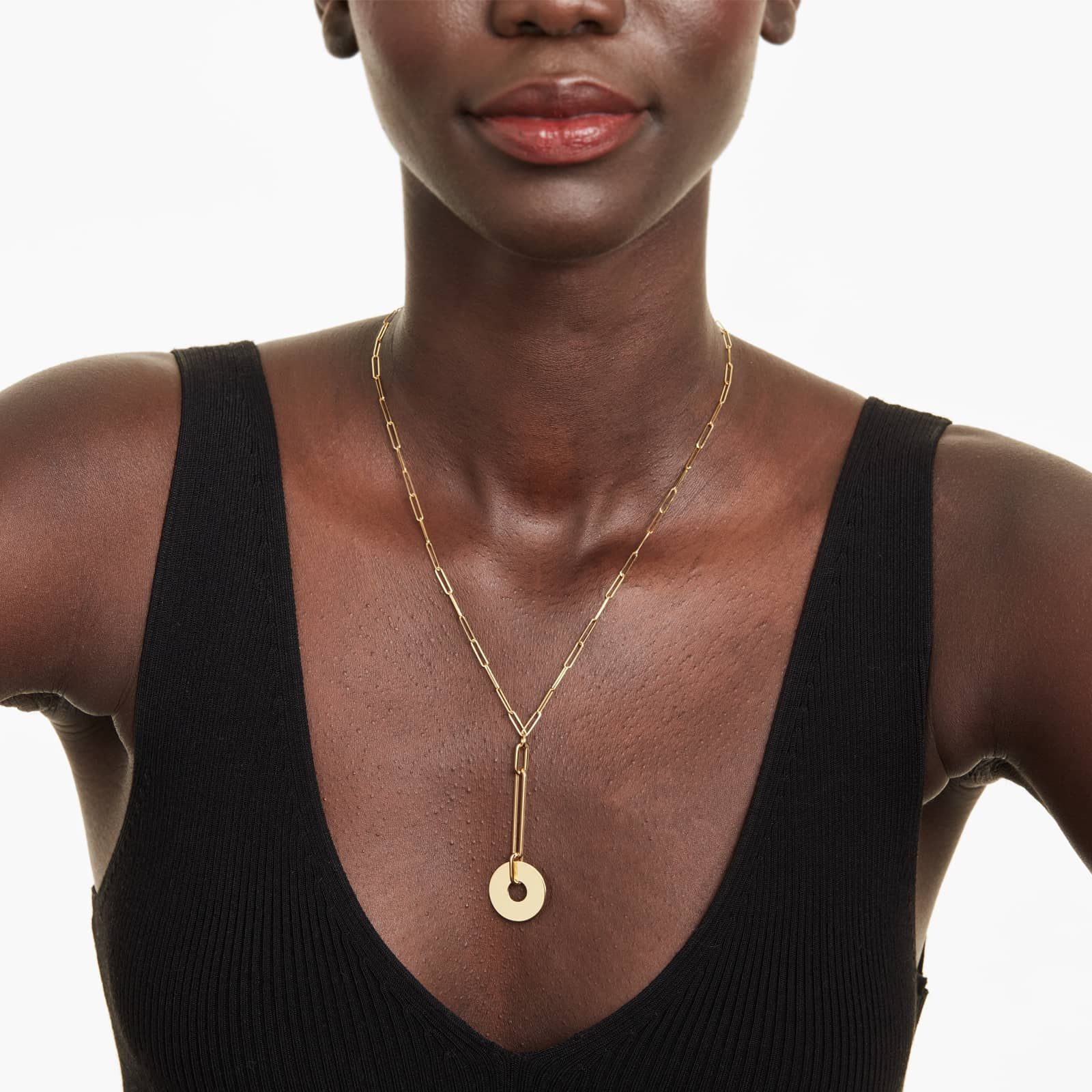 14K Yellow Gold Paper Clip Disc Drop Necklace