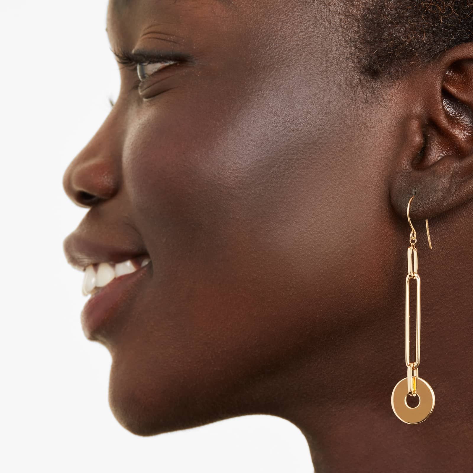 Paperclip Disc Drop Earrings In 14K Yellow Gold