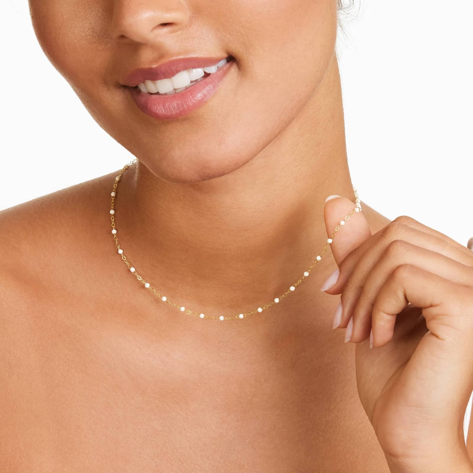 14K Yellow Gold White Enamel Bead Necklace