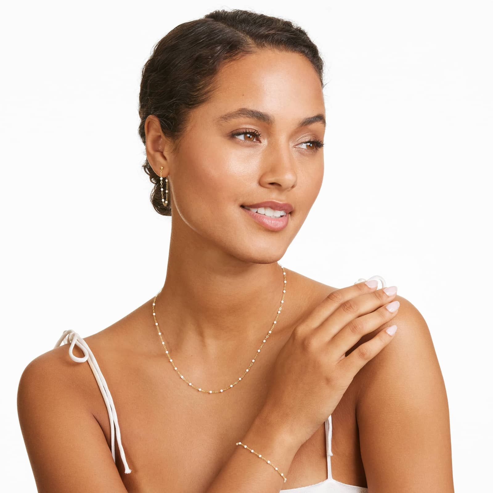 14K Yellow Gold White Enamel Bead Necklace