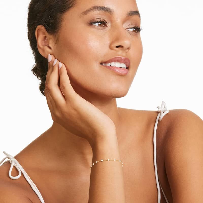 White Enamel Bead Bracelet In 14K Yellow Gold