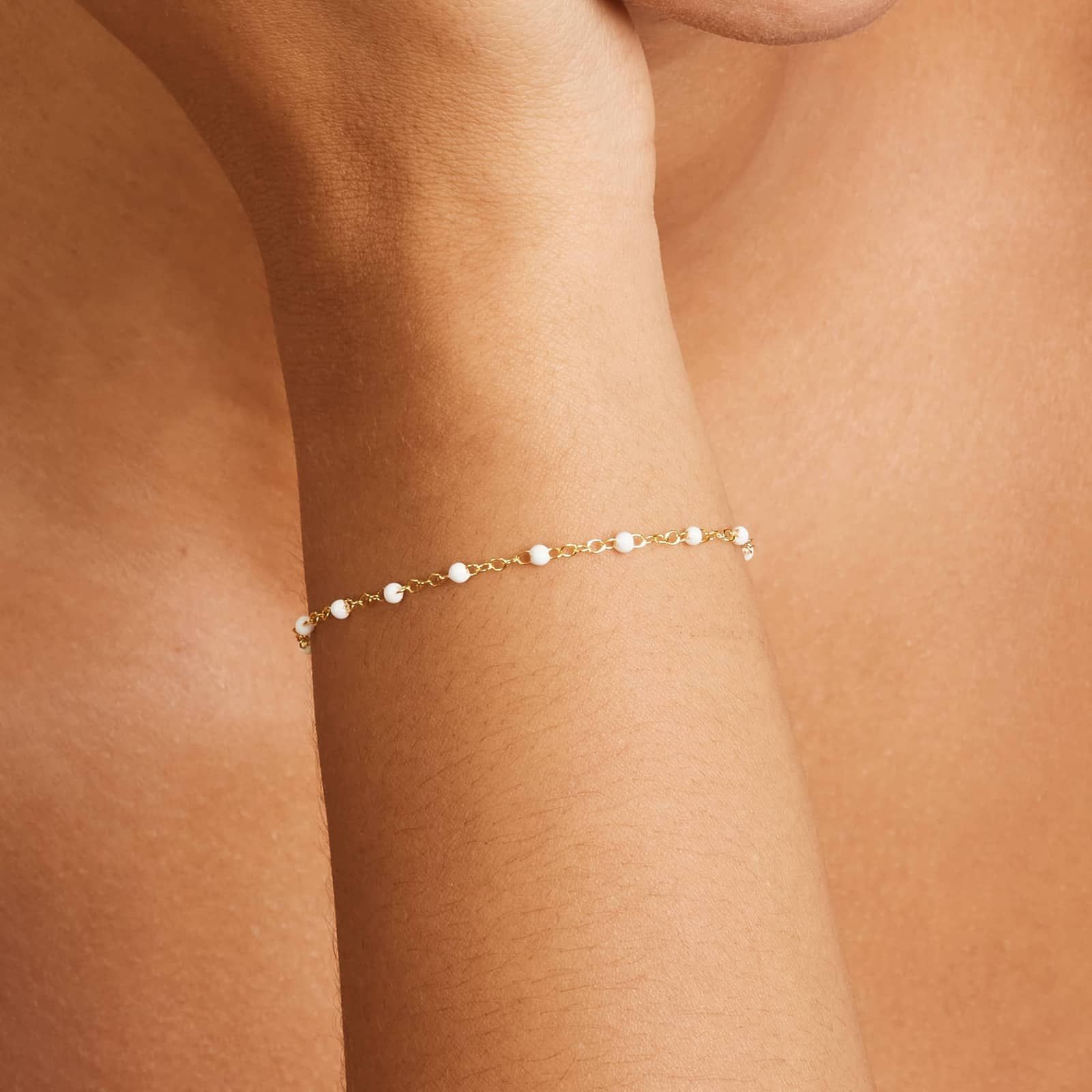 White Enamel Bead Bracelet In 14K Yellow Gold