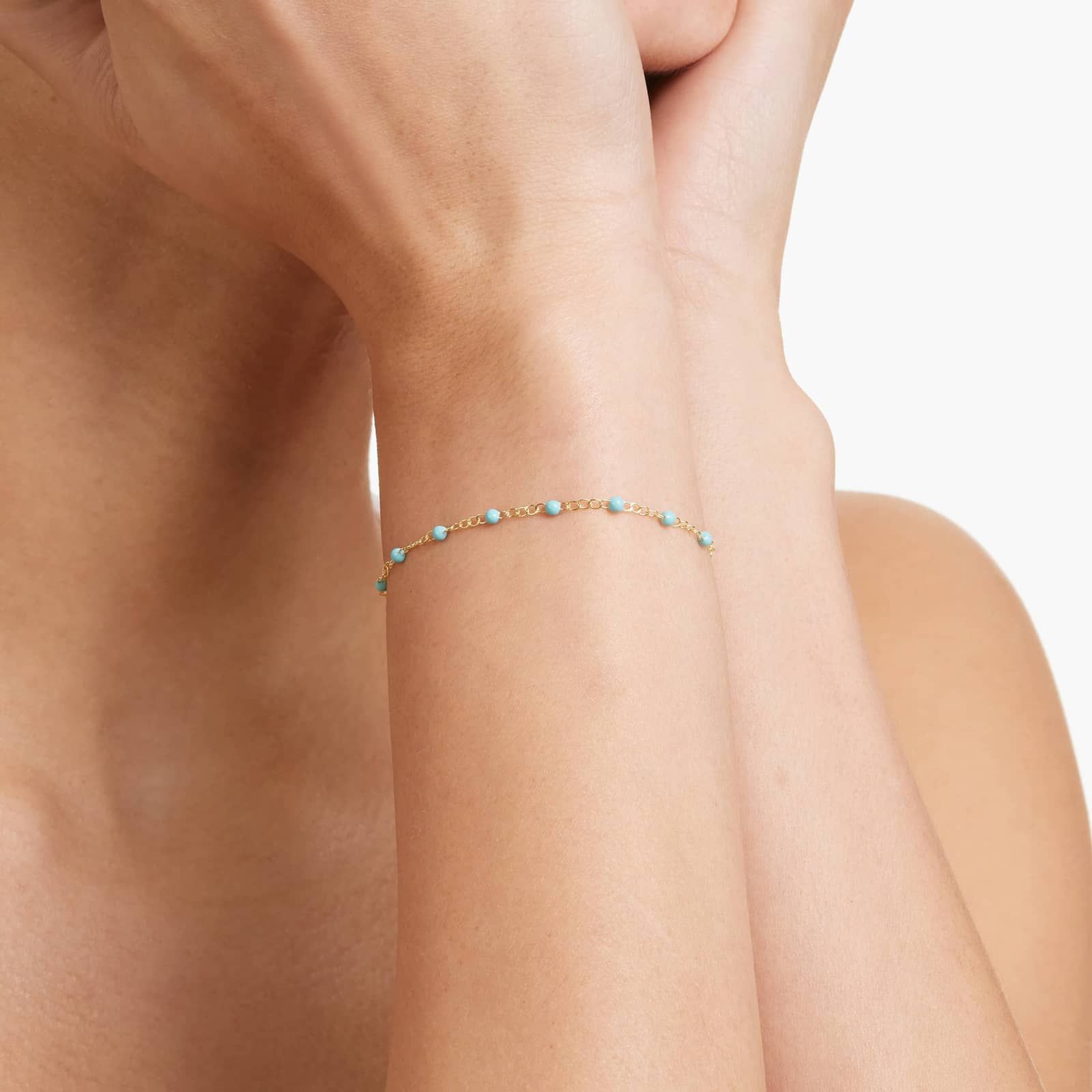 Turquoise Enamel Bead Bracelet In 14K Yellow Gold