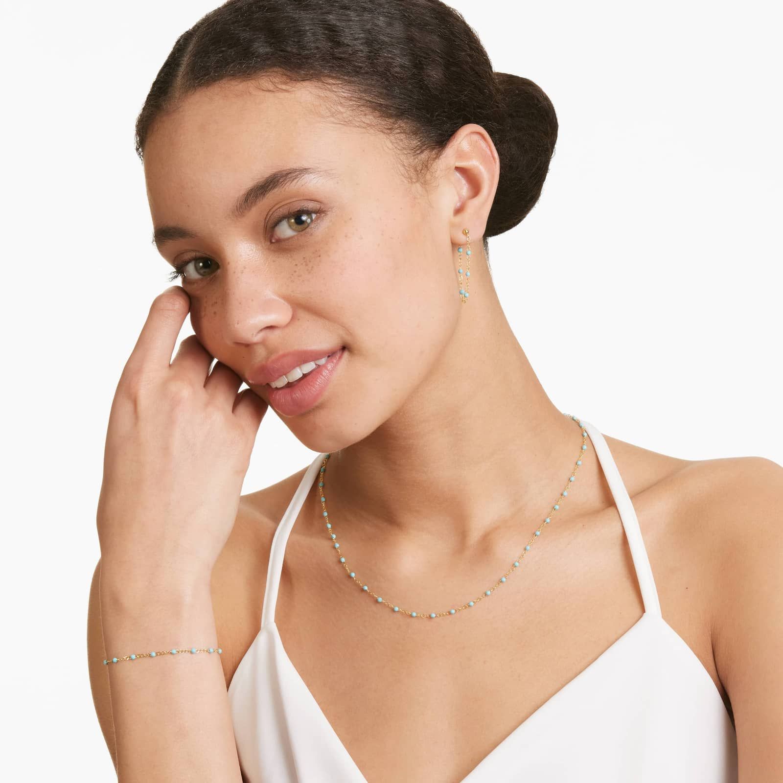 Turquoise Enamel Bead Bracelet In 14K Yellow Gold