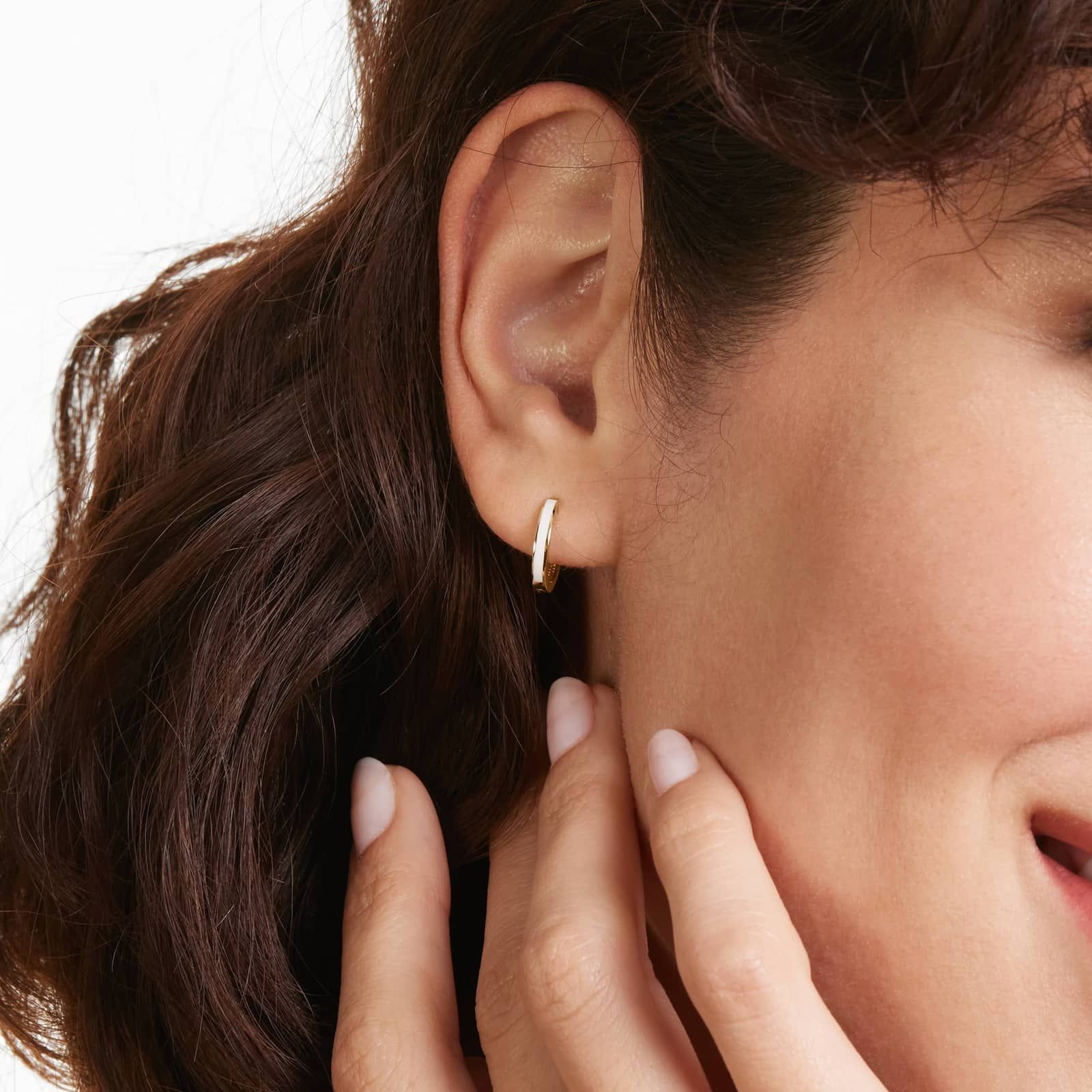 White Enamel Huggie Hoop Earrings In 14K Yellow Gold