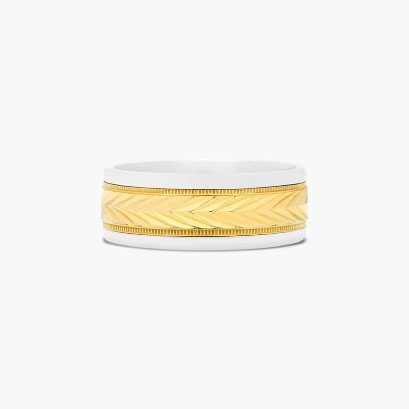 Comfort Fit 18K Yellow Gold Satin Center Men's Wedding Band In Platinum (8.00mm)