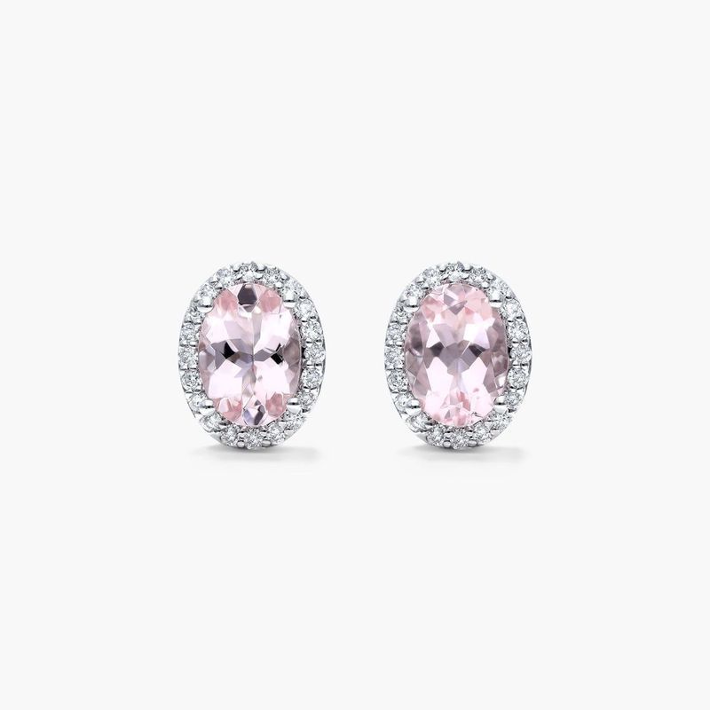 Morganite And Diamond Halo Earrings In 14K White Gold