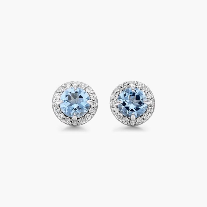14K White Gold Aquamarine and Diamond Pavé Halo Earrings