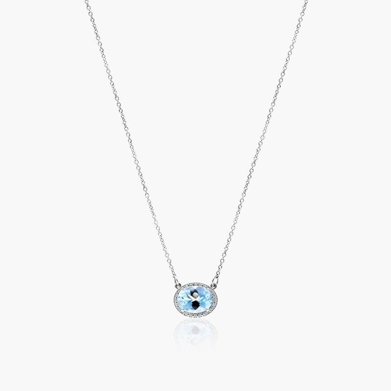 14K White Gold East West Oval Aquamarine and Diamond Halo Necklace