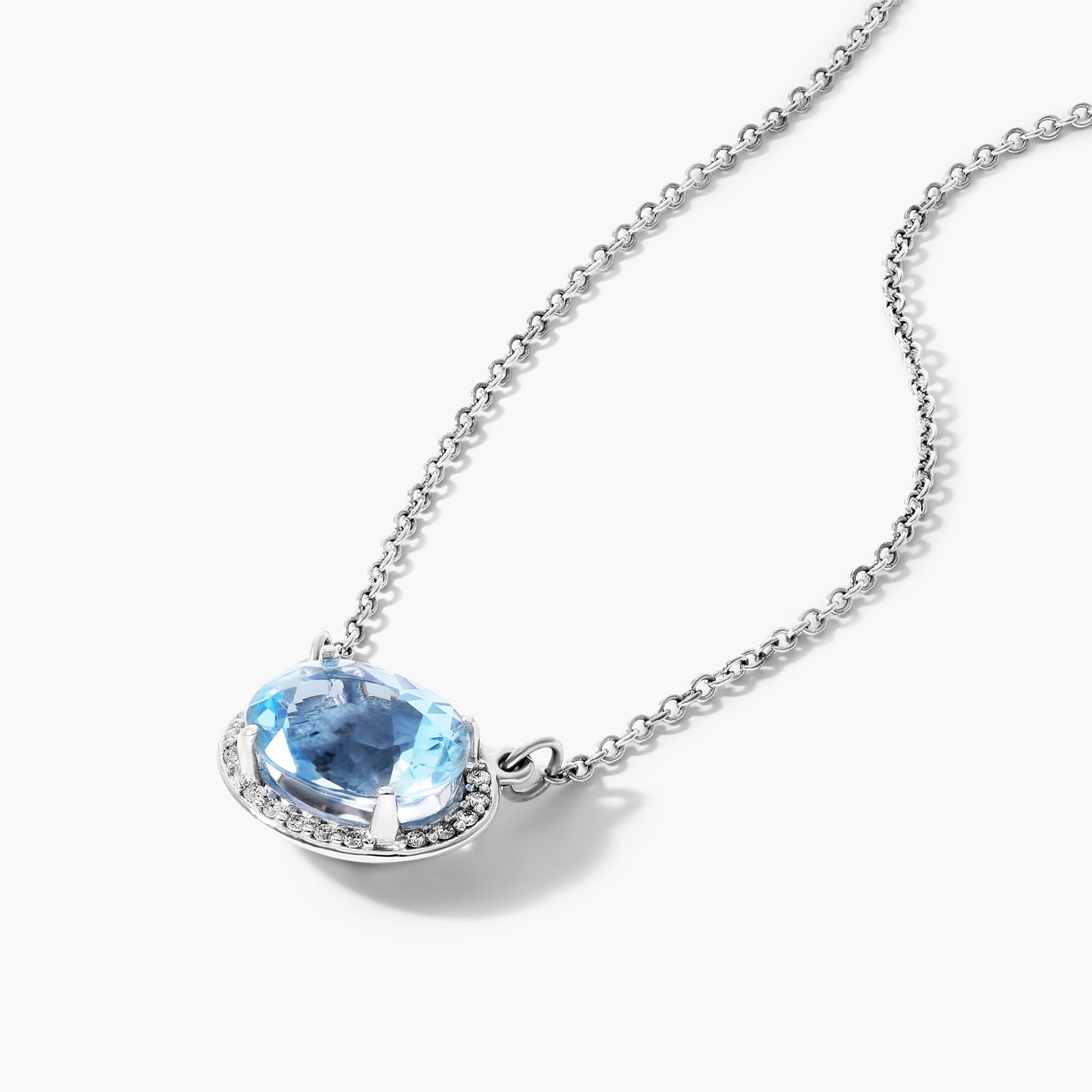 14K White Gold East West Oval Aquamarine and Diamond Halo Necklace