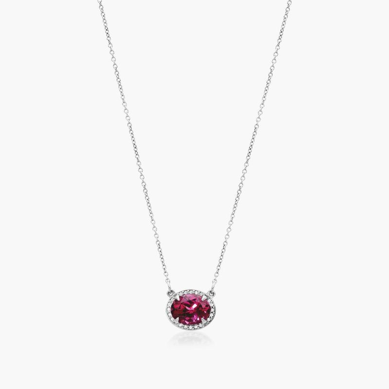 14K White Gold East West Oval Rhodolite Garnet and Diamond Halo Necklace