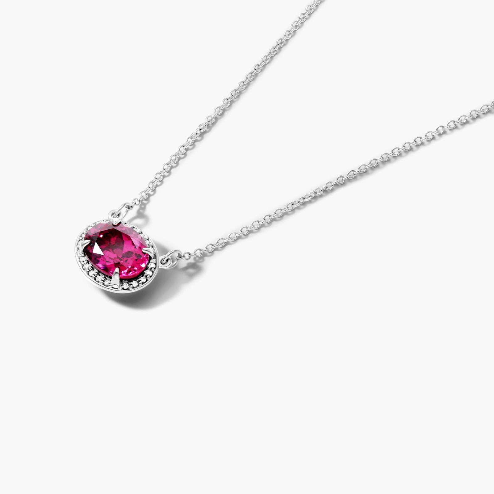 14K White Gold East West Oval Rhodolite Garnet and Diamond Halo Necklace